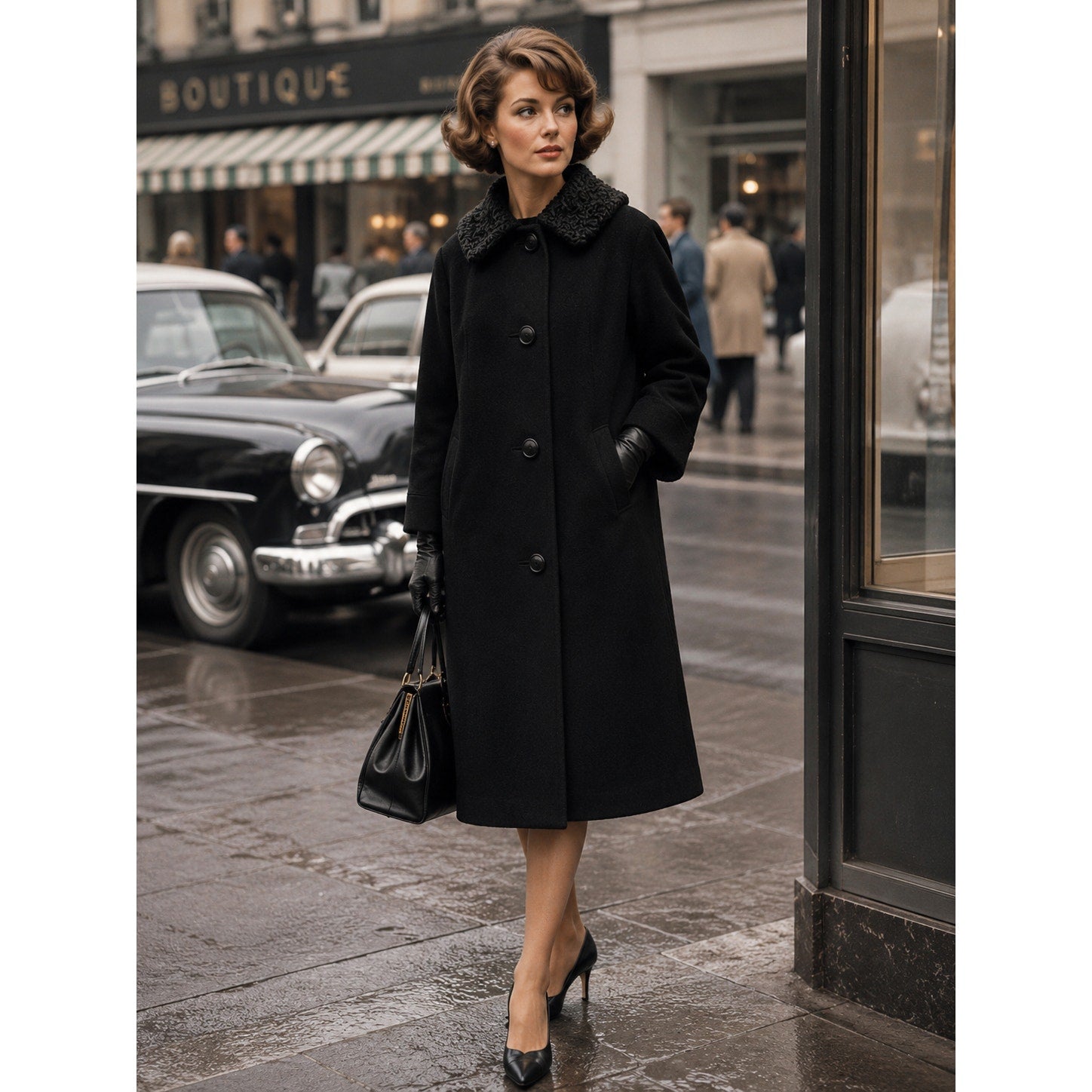 Vintage 1960s Black Cashmere Trench Coat Women's Medium Persian Lamb Collar