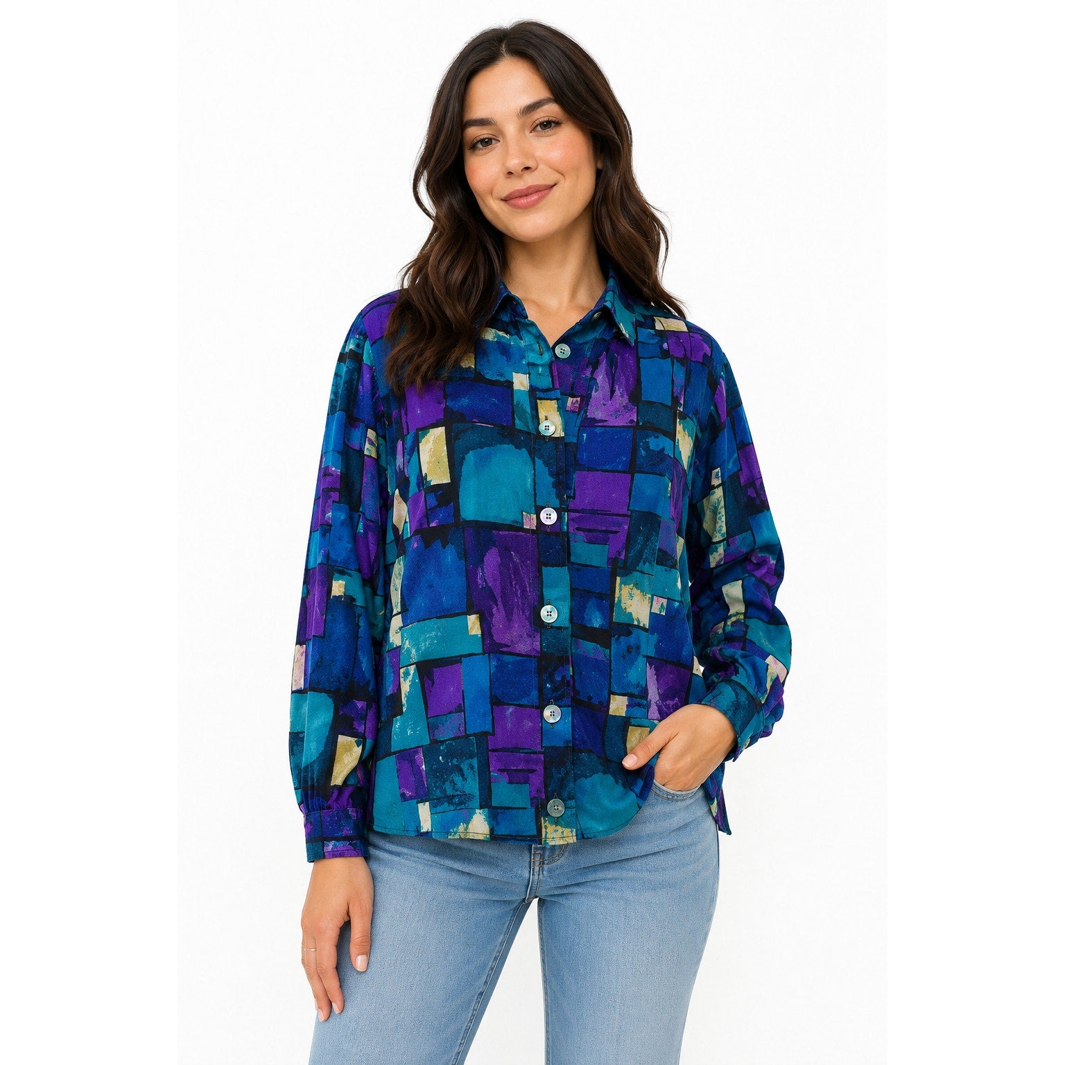 Vintage 80s Women's Medium Sears Geometric Blouse Purple Teal Button Front Shirt