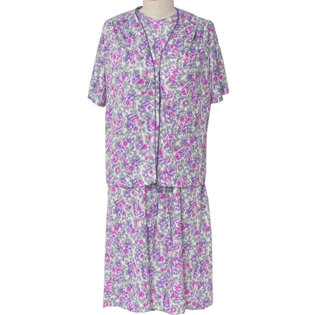 70s CB Purple Floral Tricot Dress Jacket Set Belted Size Women's Large