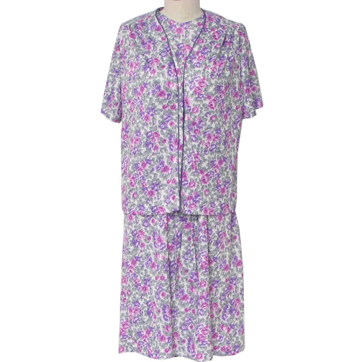70s CB Purple Floral Tricot Dress Jacket Set Belted Size Women's Large