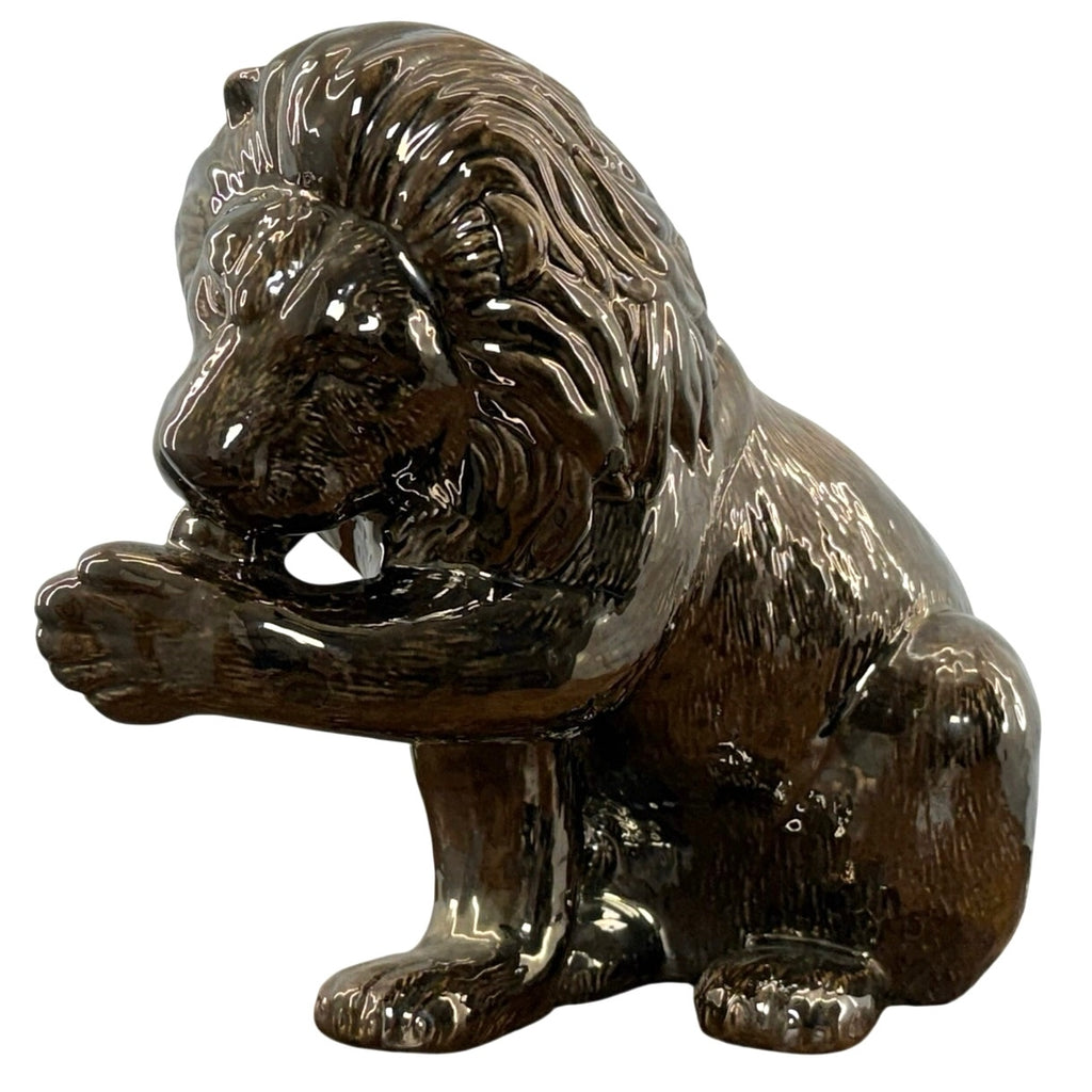 Vintage 90s Lion Sculpture Bronze Brown Glazed Pottery Statue 12"
