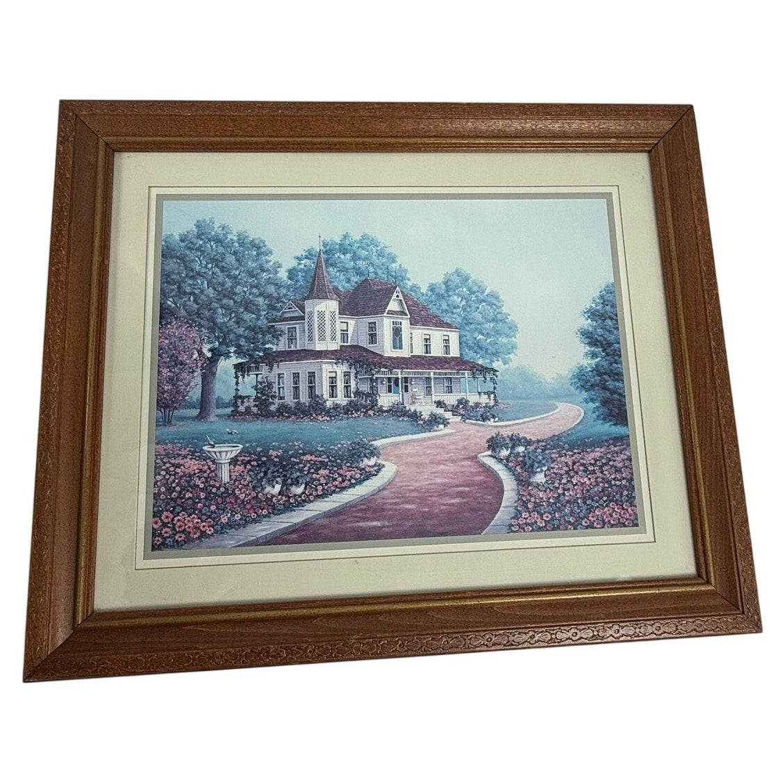 Vintage 80s Victorian House Garden Framed Print Ornate Wood Cottagecore Wall Art