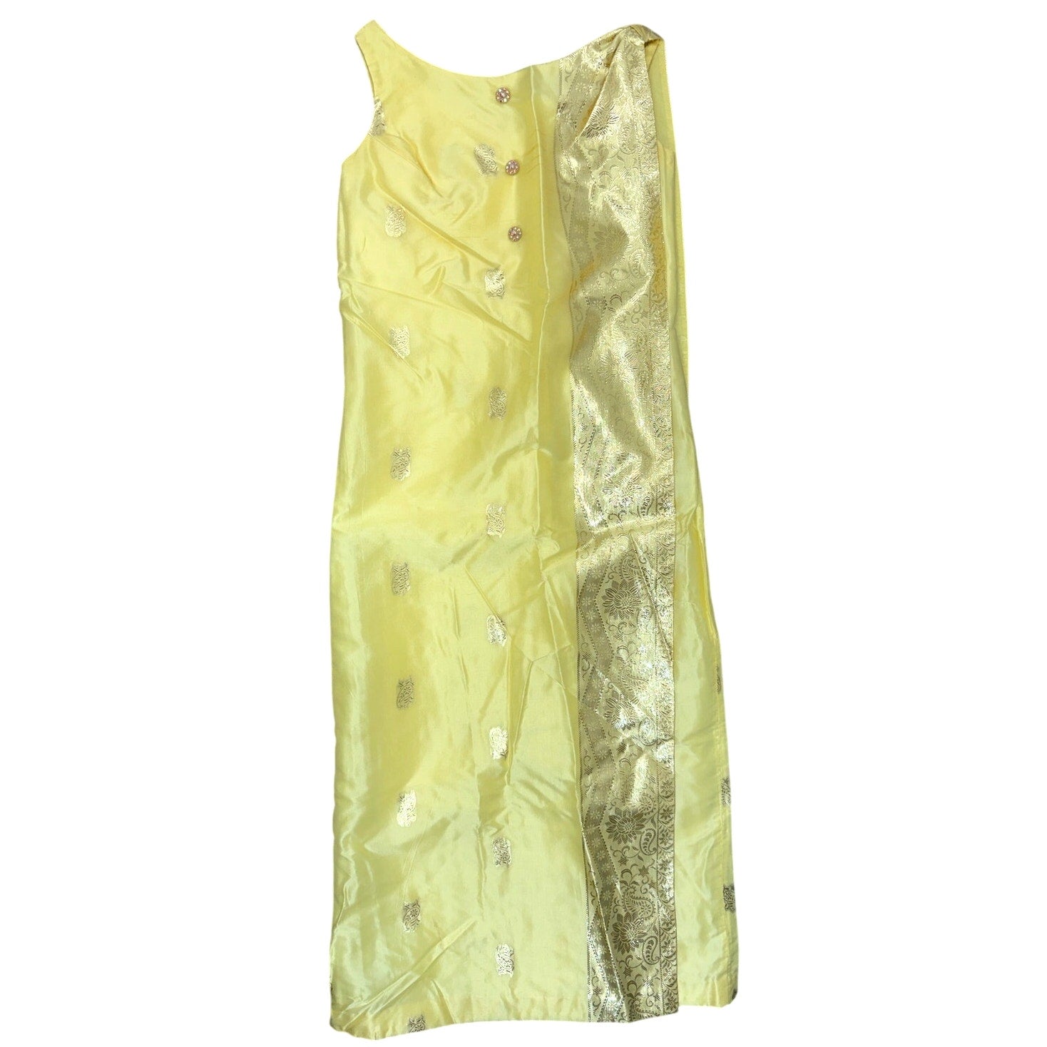 Vintage 70s Crest Room M&F Yellow Metallic Paisley Maxi Dress 34 Bust