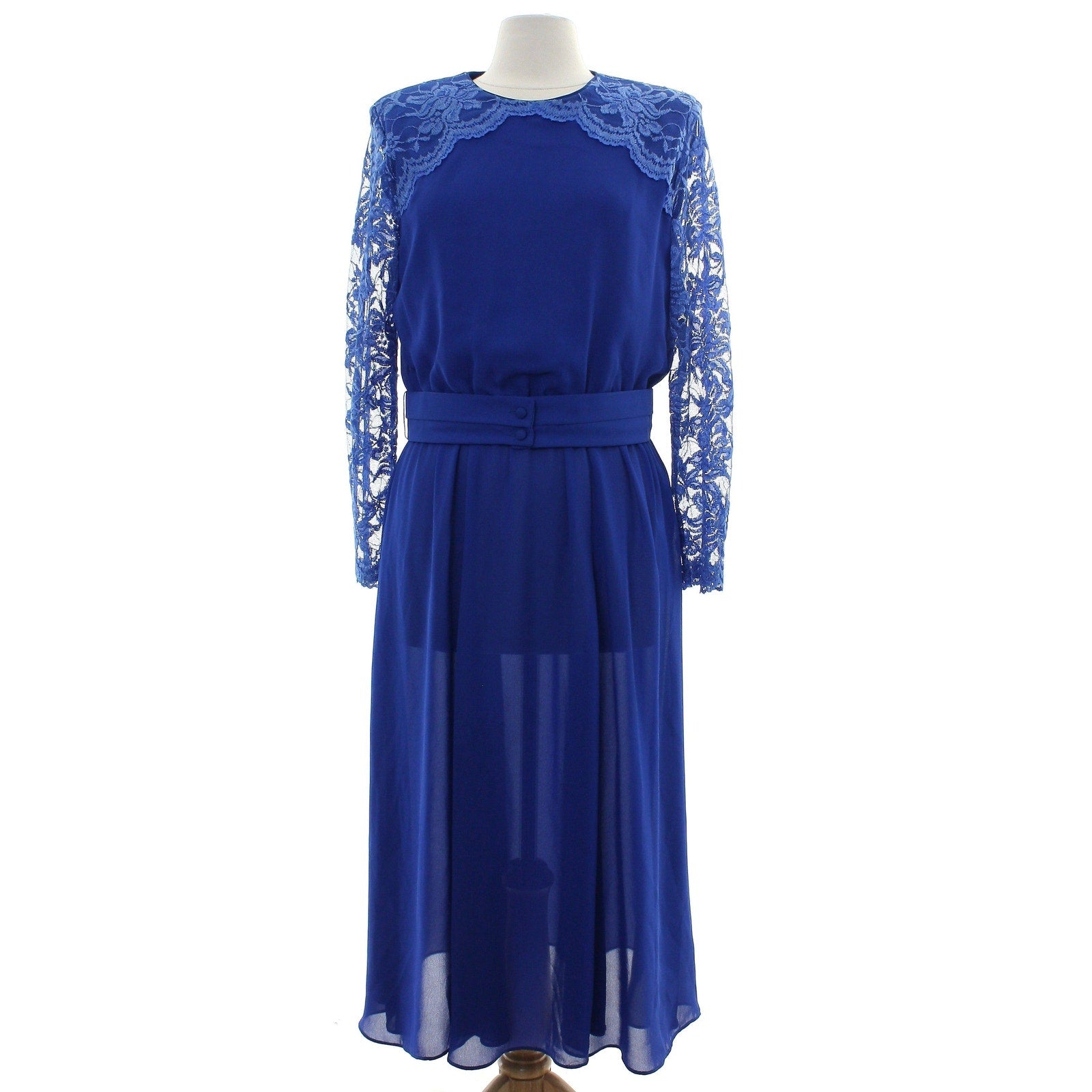 Vintage 80s Women's Medium Private Affaire Navy Lace Sleeve Midi Dress Belted