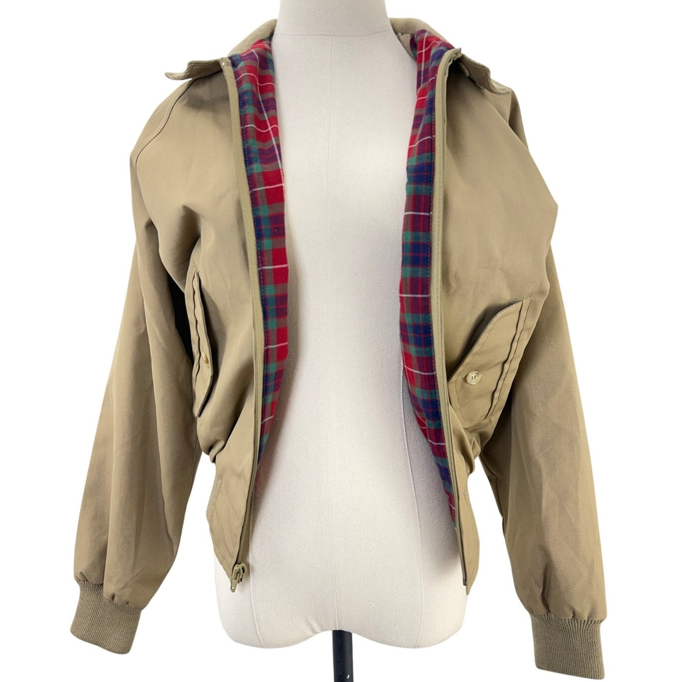 Vintage 90s Lands' End Women's Small Bomber Jacket Tan Plaid Lined Zip Front