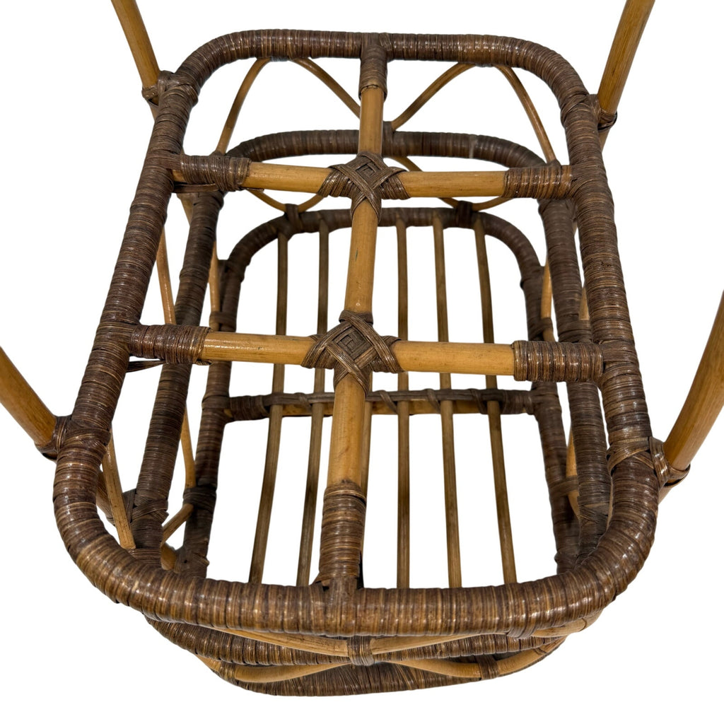 Vintage 80s Bent Wood Bamboo Wine Basket Holder Rustic Boho Farmhouse 18”