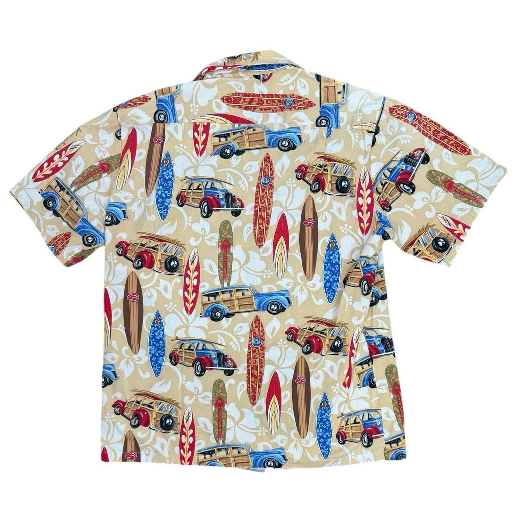 Vintage 90s Hawaii Surfboard Woodie Wagon Hawaiian Cotton Camp Shirt Large