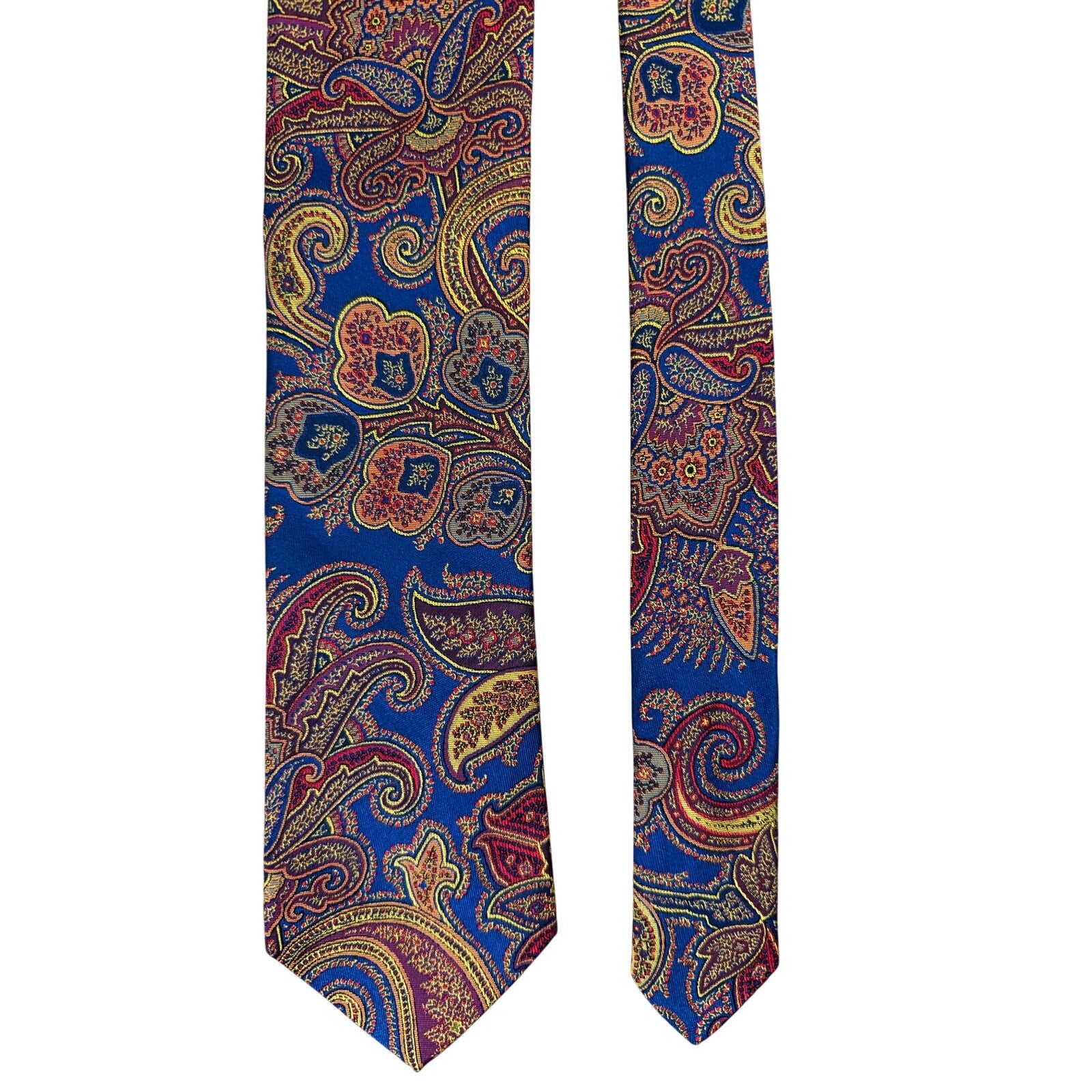 Vintage 90s Dion Signature Silk Paisley Tie Blue Red Gold Italian 60.5x3.25