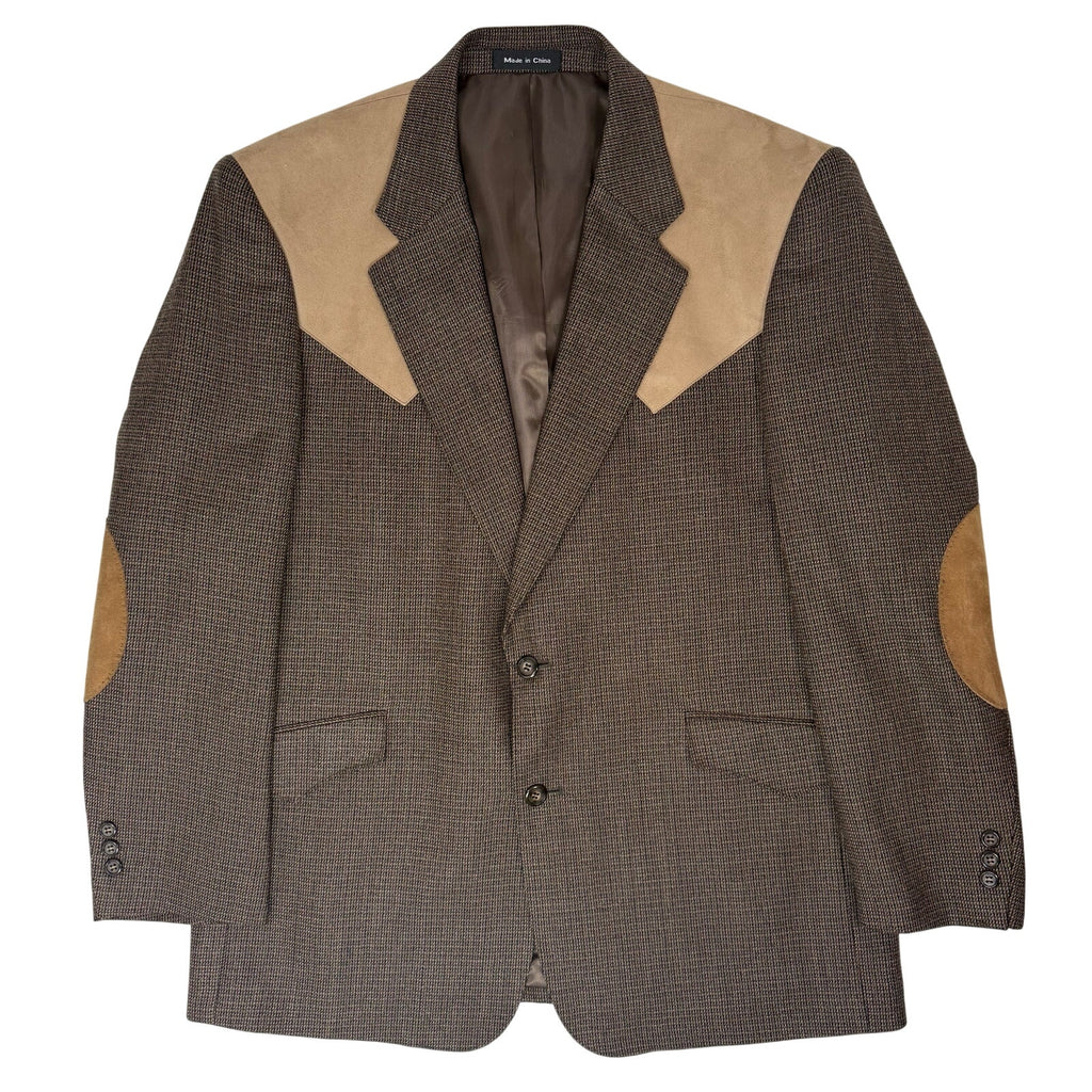 Vintage 90s Tweed Wool Blazer Men's 44R Mesquite Brown Suede Yoke Elbow Patches