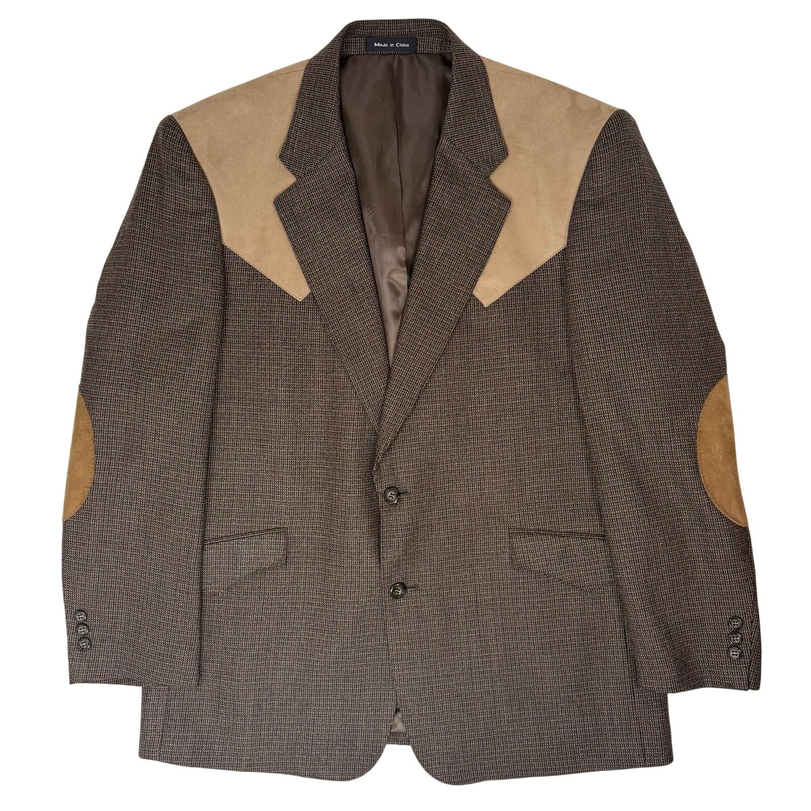 Vintage 90s Tweed Wool Blazer Men's 44R Mesquite Brown Suede Yoke Elbow Patches