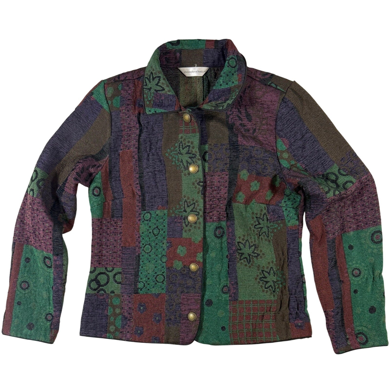 Vintage 90s Christopher & Banks Women's Small Tapestry Jacket Multicolor Bronze Button Artsy