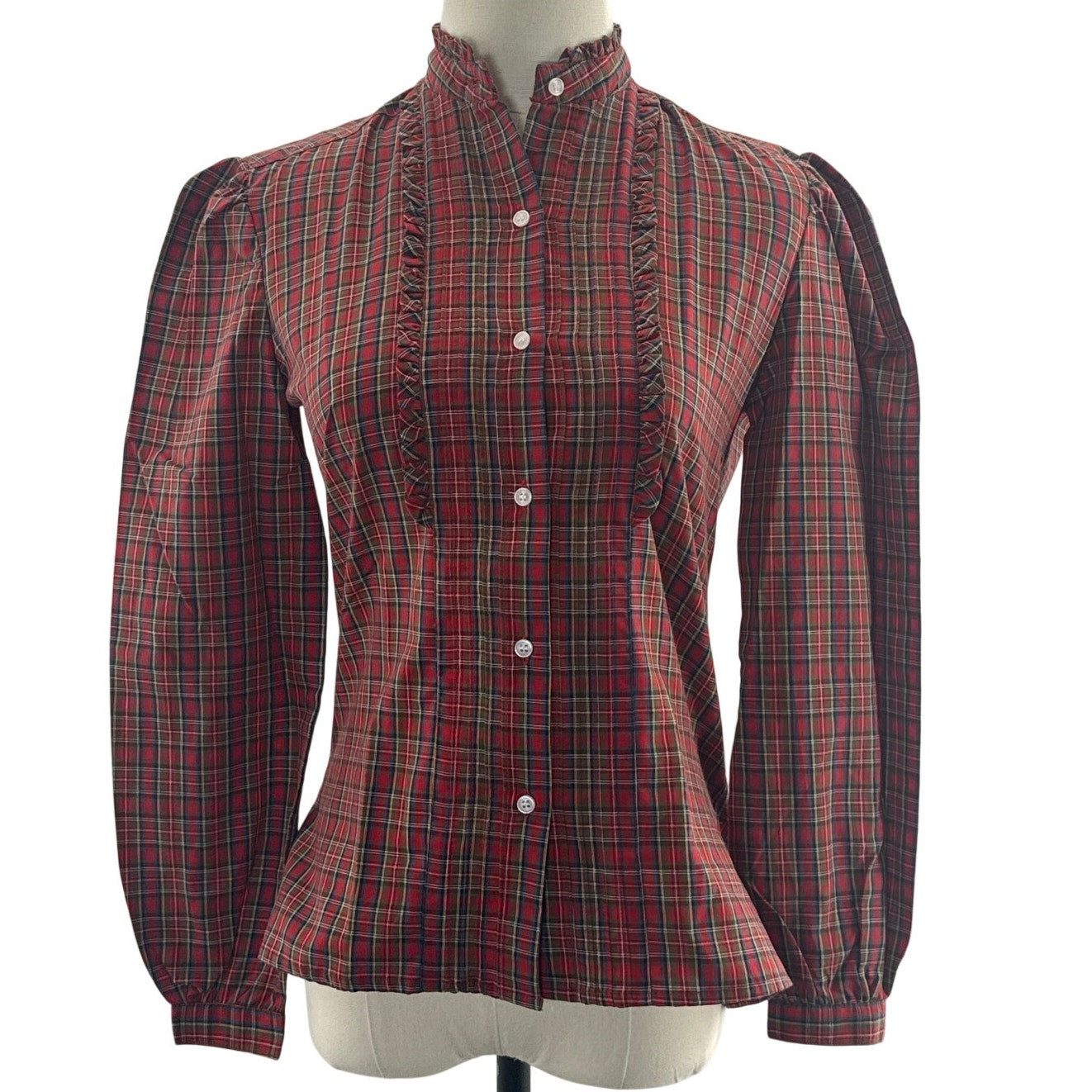 Vintage 60s Women's Small Prairie Blouse Red Plaid Fitted Shirt