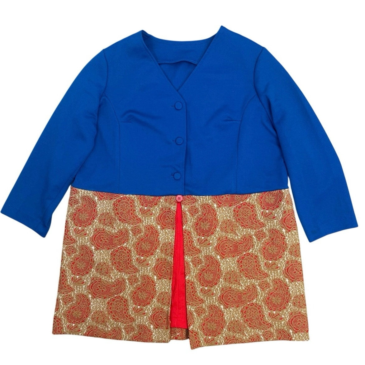 Vintage 70s Blue Paisley Mod Mini Dress Double Layer Home Sewn XL