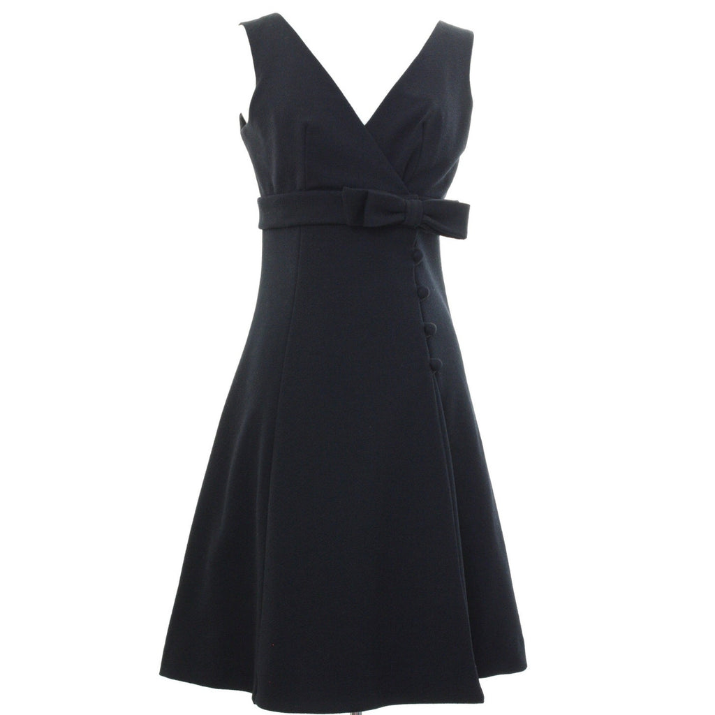 Vintage 60s Black Mod Wrap Dress Empire Waist Bow Sleeveless Women's Small
