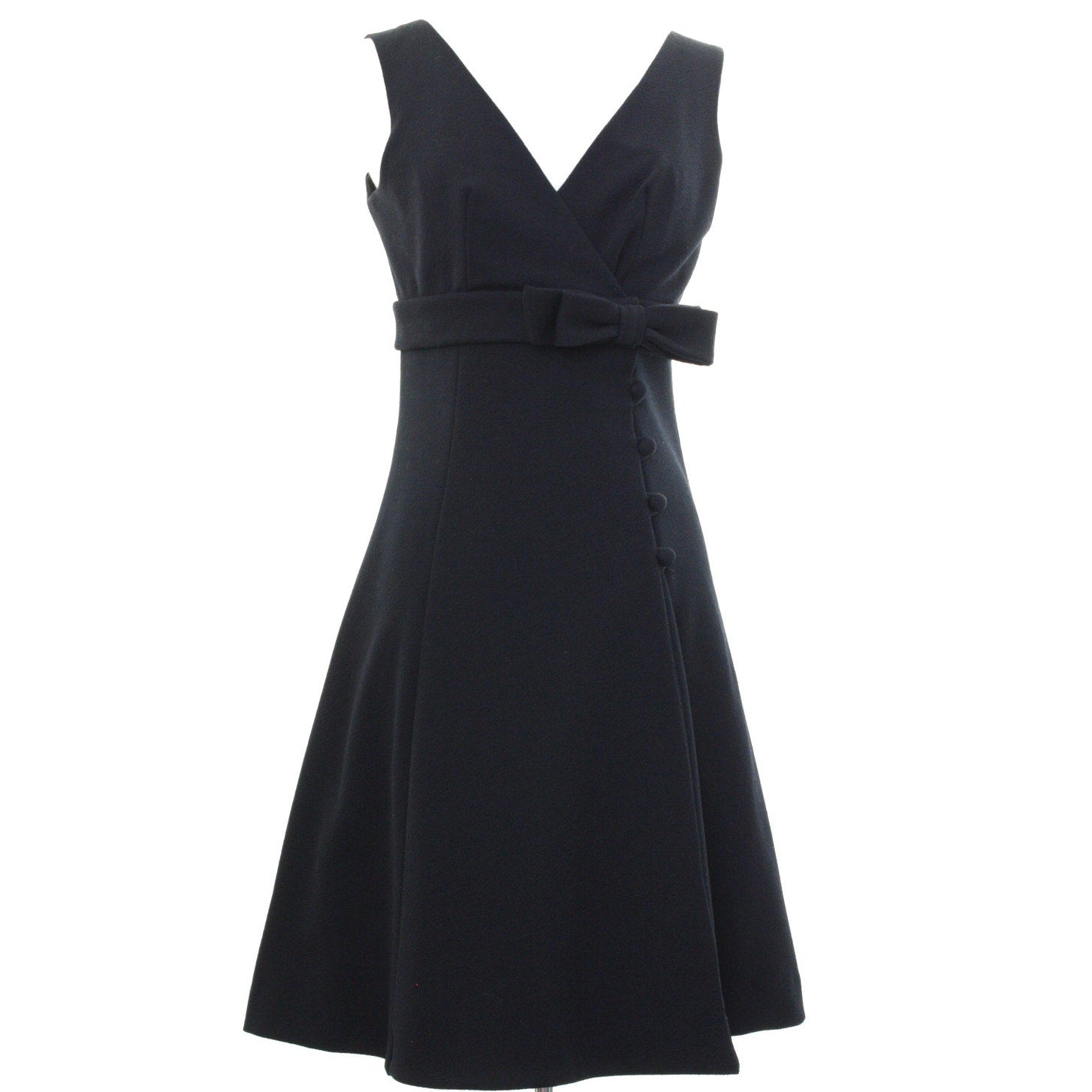 Vintage 60s Black Mod Wrap Dress Empire Waist Bow Sleeveless Women's Small