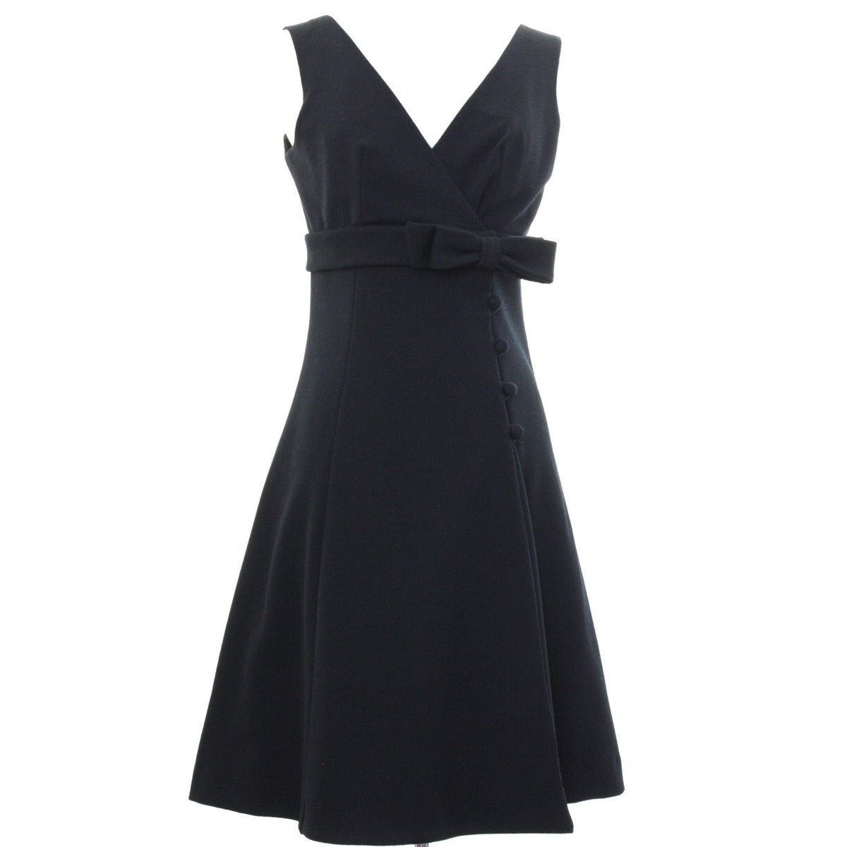 Vintage 60s Black Mod Wrap Dress Empire Waist Bow Sleeveless Women's Small