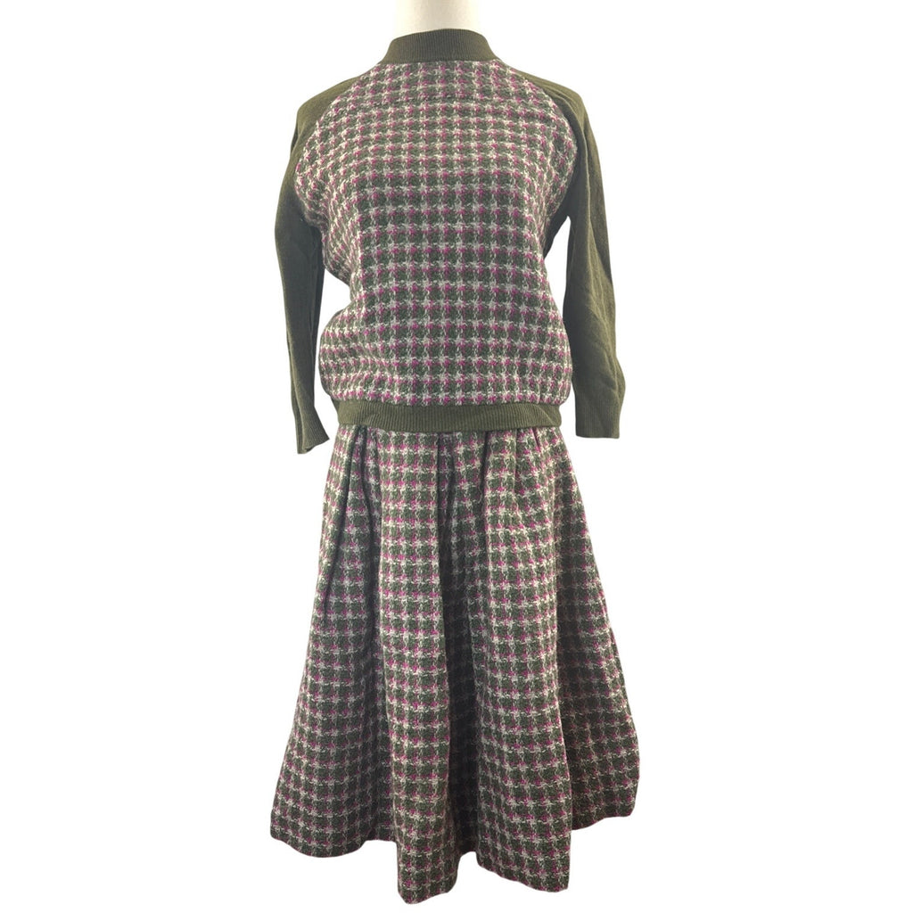 Vintage 60s Women's Medium Gays Gold Label Wool Knit Skirt Set Houndstooth