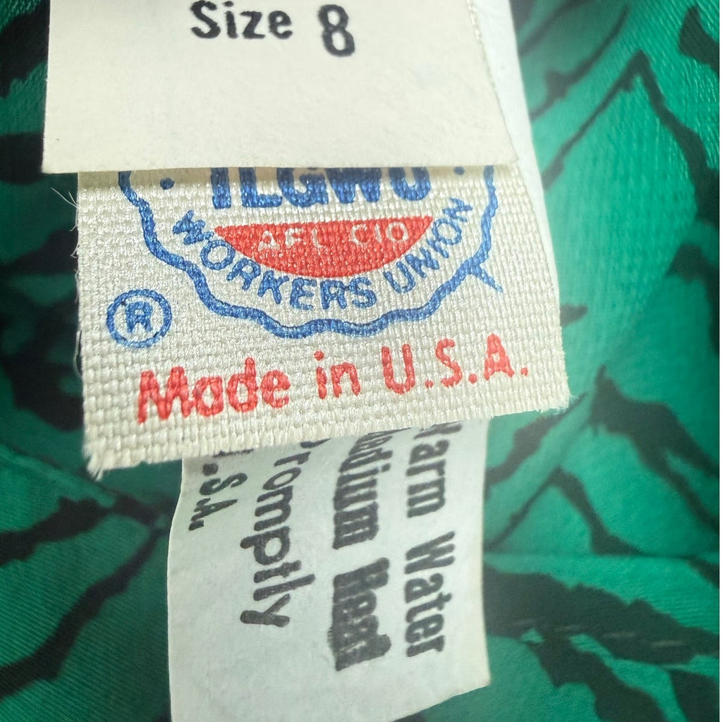 Vintage 1980s VLP Green Black Animal Print Peplum Midi Dress Size 8