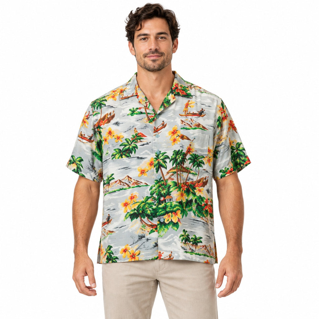 Vintage 90s Network Gray Rayon Hawaiian Canoe Floral Shirt Men's 2XL