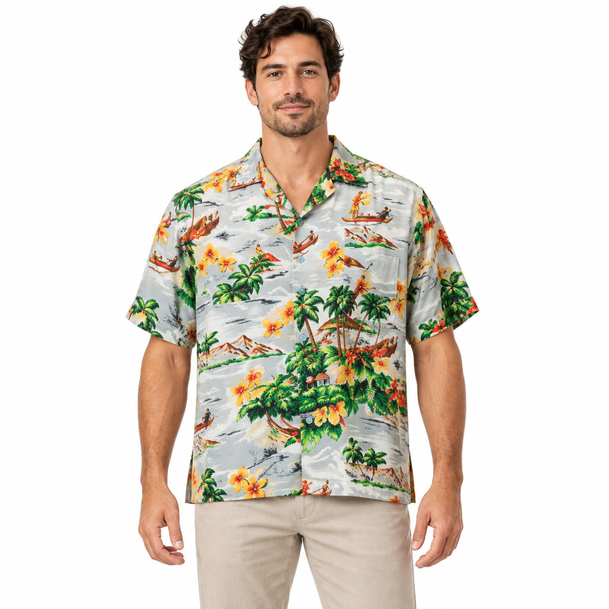 Vintage 90s Network Gray Rayon Hawaiian Canoe Floral Shirt Men's 2XL