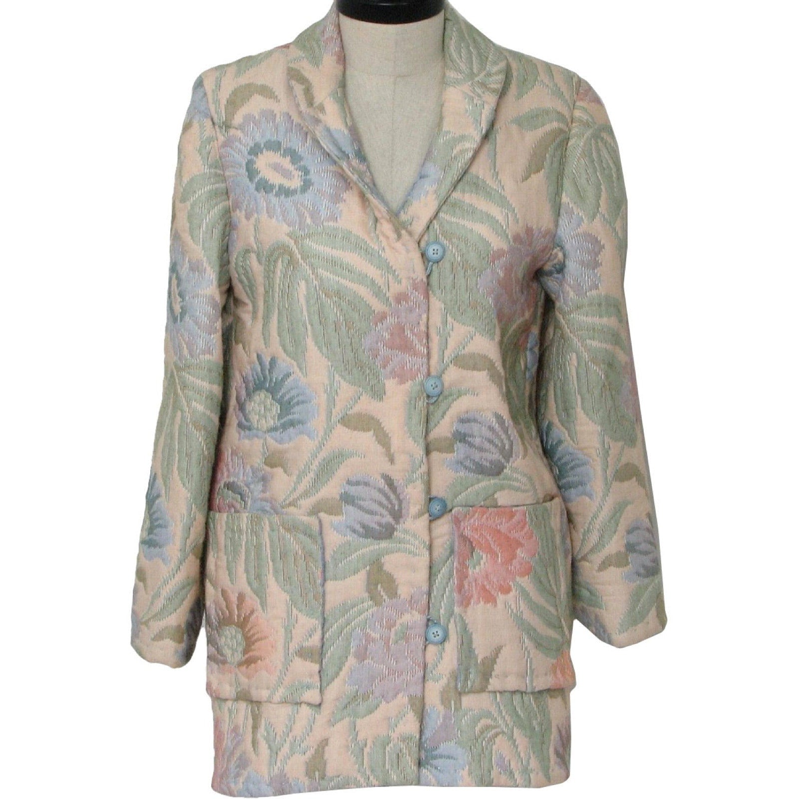 Vintage 80s Women's Medium Quilted Jacket Pastel Floral Cottagecore