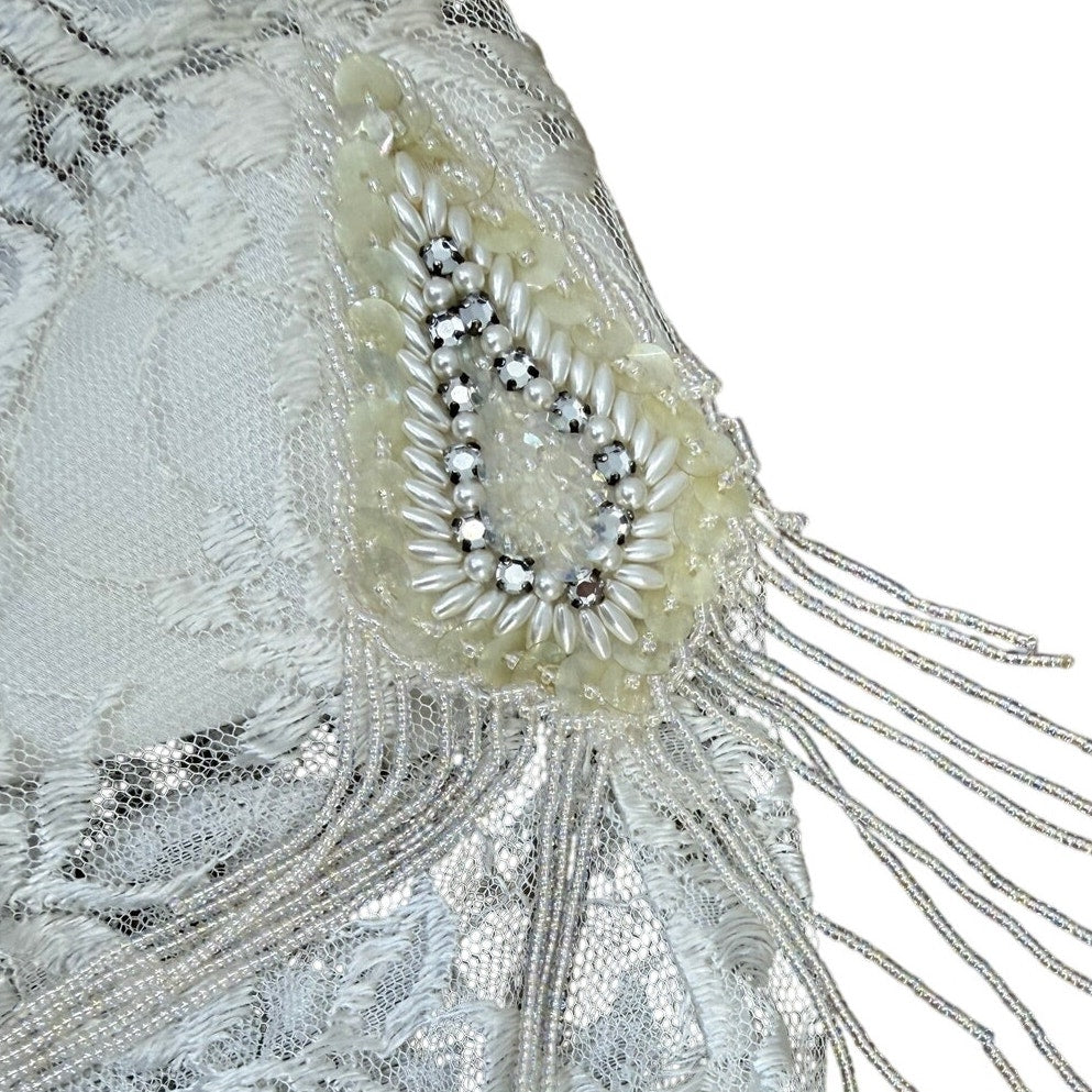 Vintage 1980s White Lace Beaded Fringe Overlay Dress Women's Small