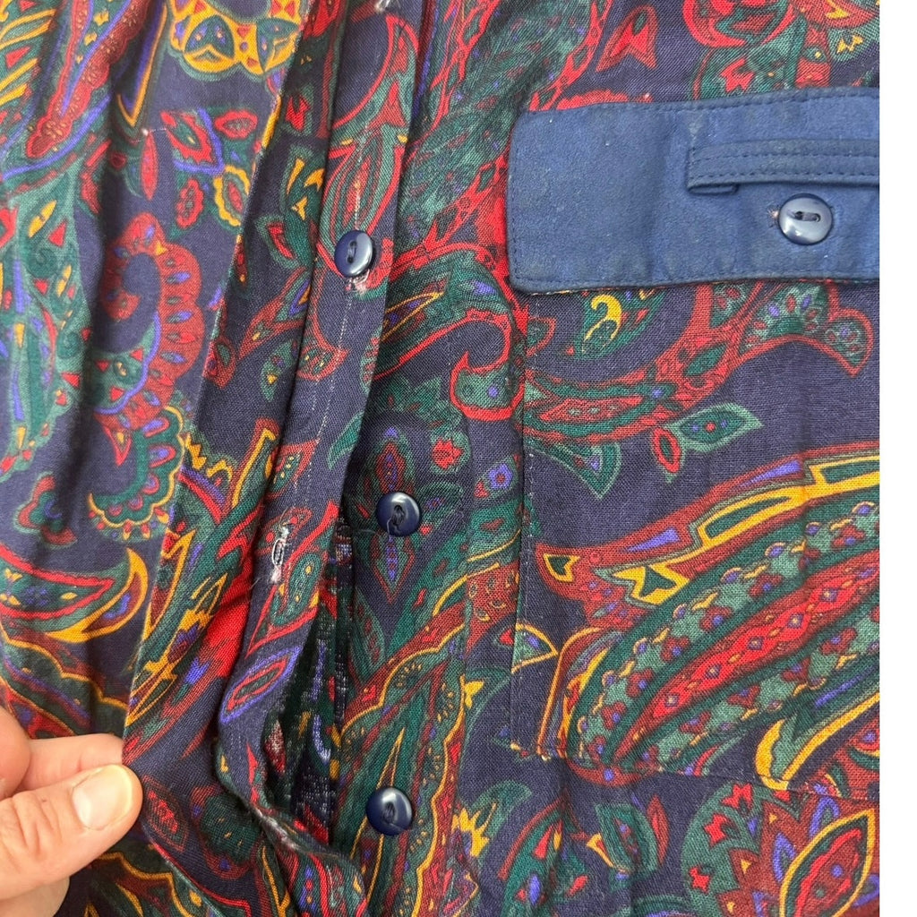 Vintage 80s Tarenti Paisley Rayon Midi Dress Navy Red Pleated Pockets Small