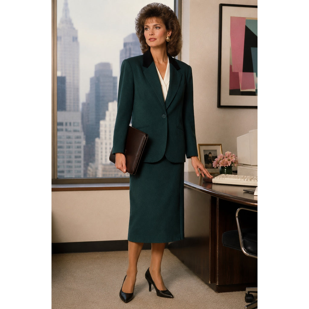 Vintage 80s Sag Harbor Wool Suit Green Skirt Set Velvet Collar Jacket 14