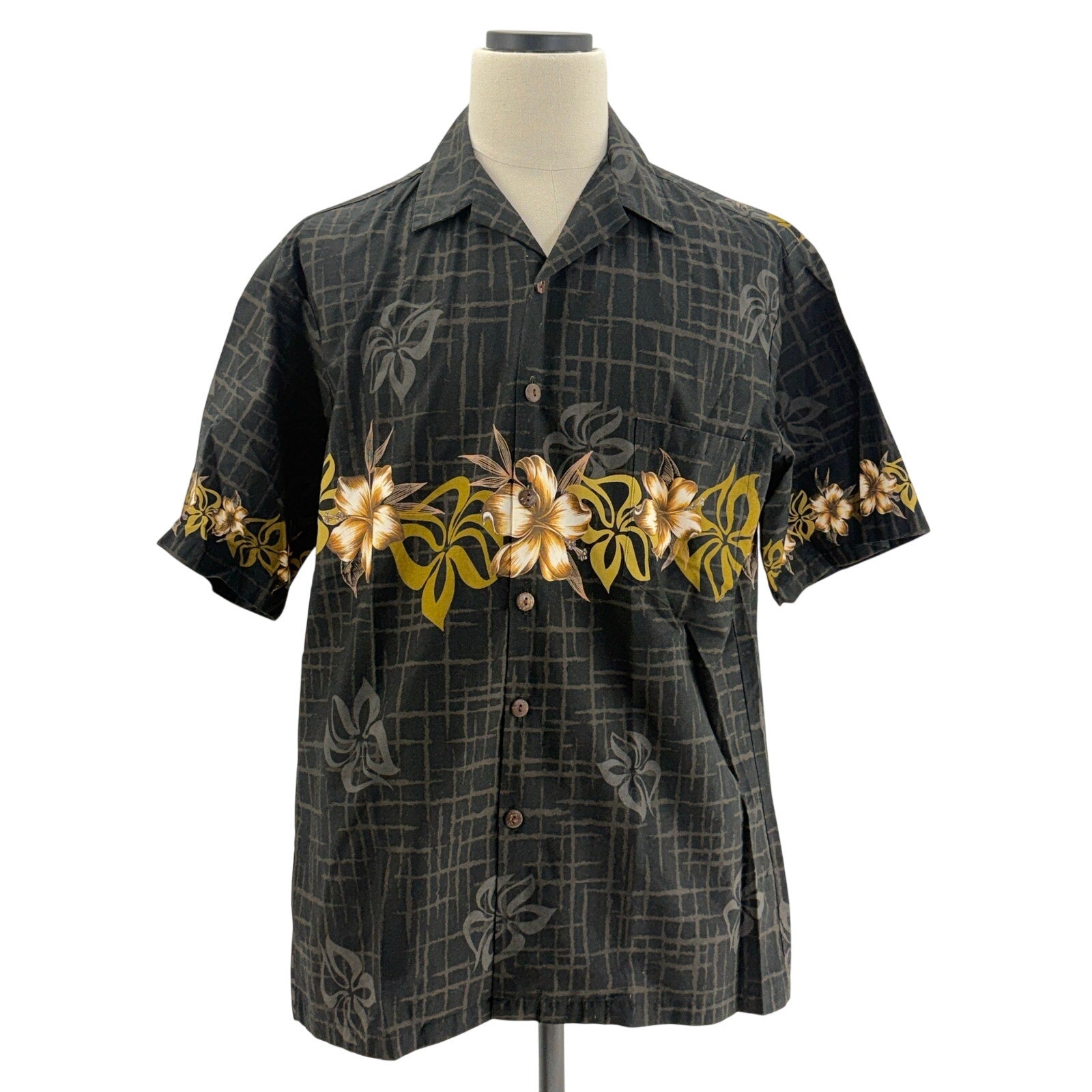 Vintage 80s Hilo Hattie Men's Large Hawaiian Shirt Black Floral Cotton
