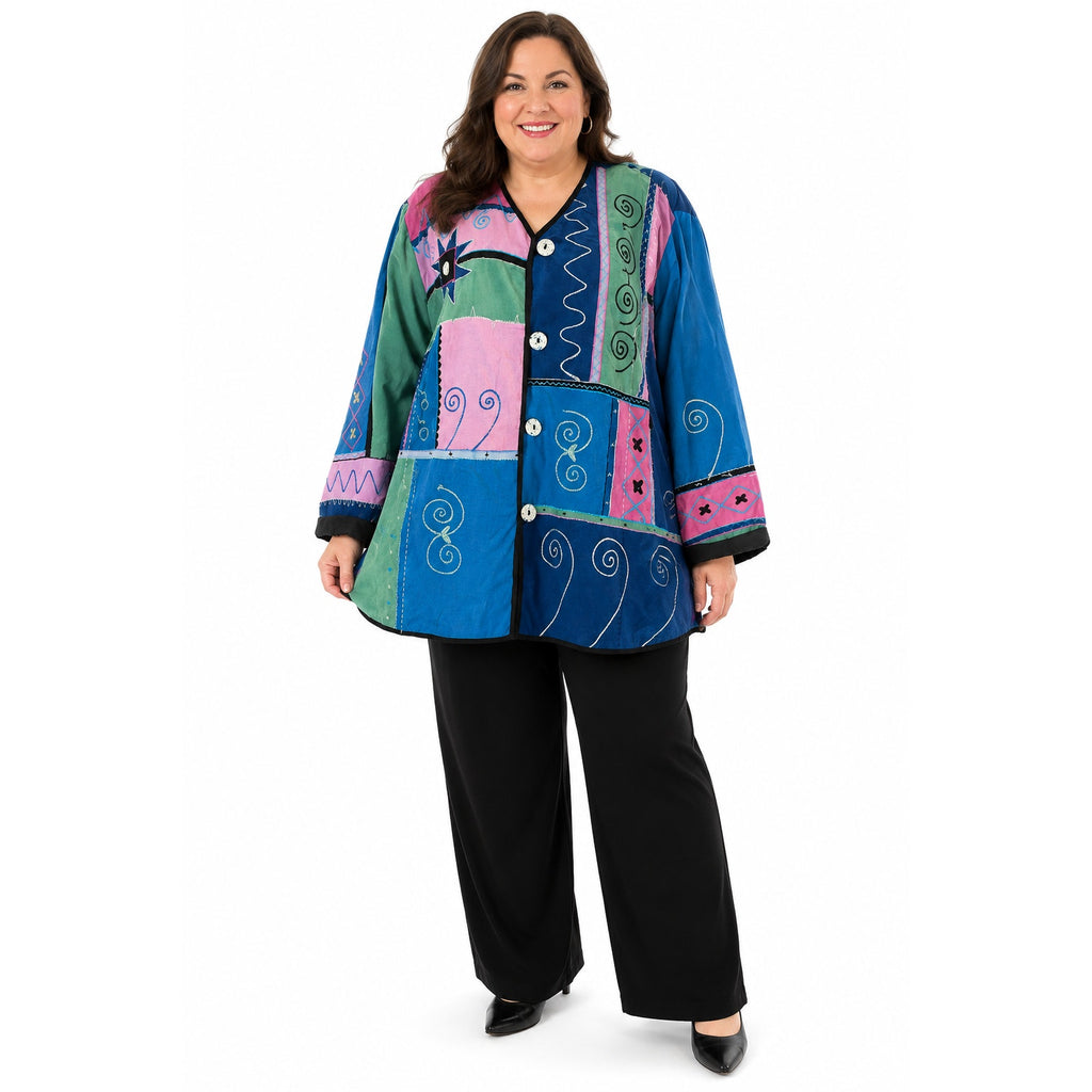 Vintage 90s Indigo Moon Patchwork Jacket 2X Art to Wear Linen Cotton Rayon