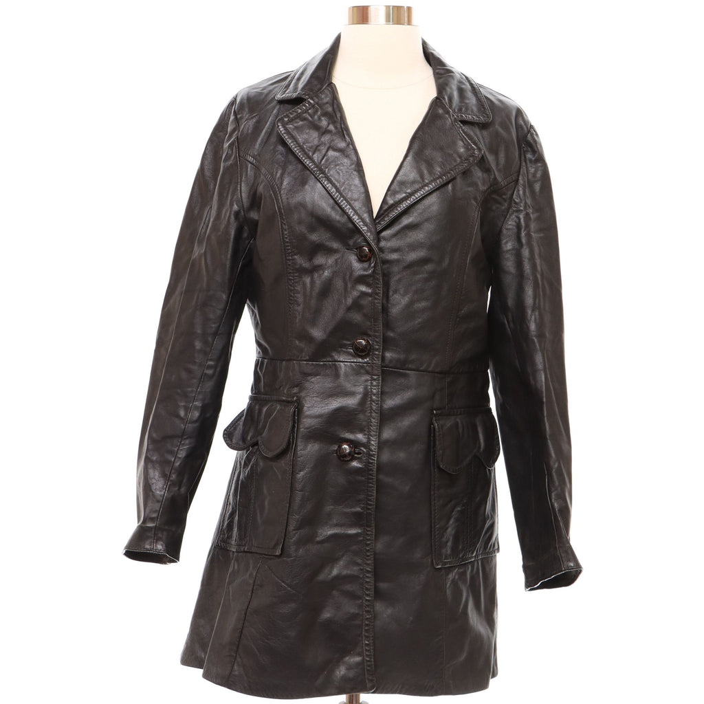 Vintage 70s Adler Women's Small Black Leather Jacket Trench Style