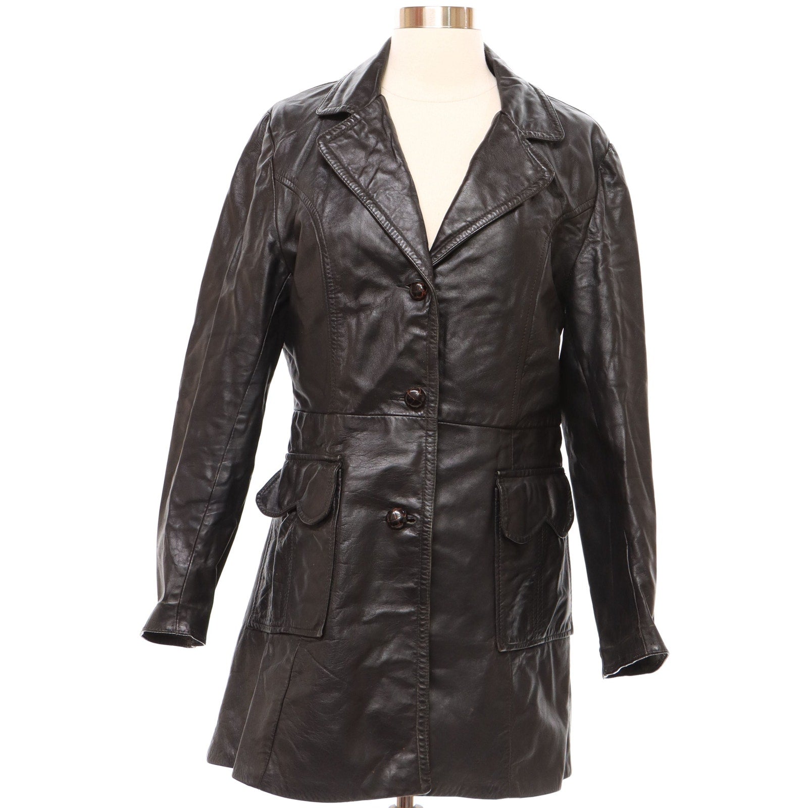Vintage 70s Black Leather Trench Jacket Mid Length Women's Small Heart Pockets