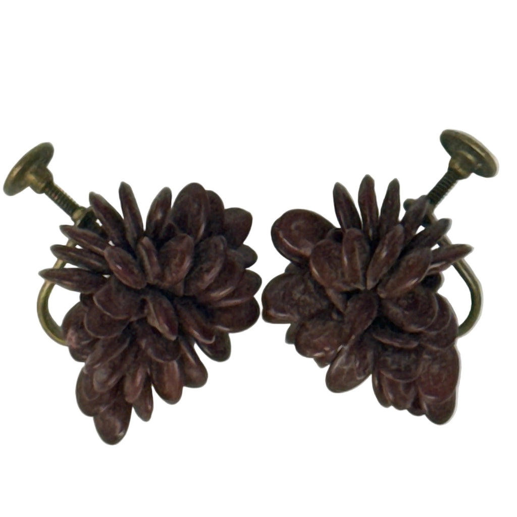 Vintage 50s Screw Back Earrings Brown Seed Cluster Mid Century