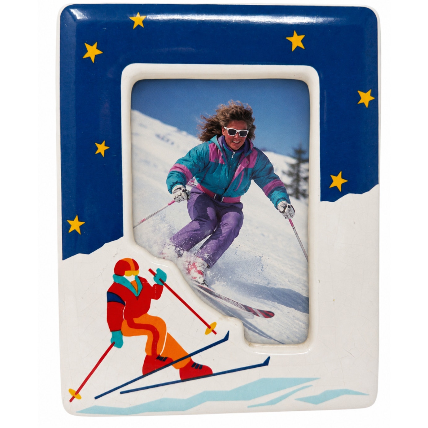 Vintage 90s Winter Sports Picture Frame 3x5 Blue Snow Skier Photo Frame