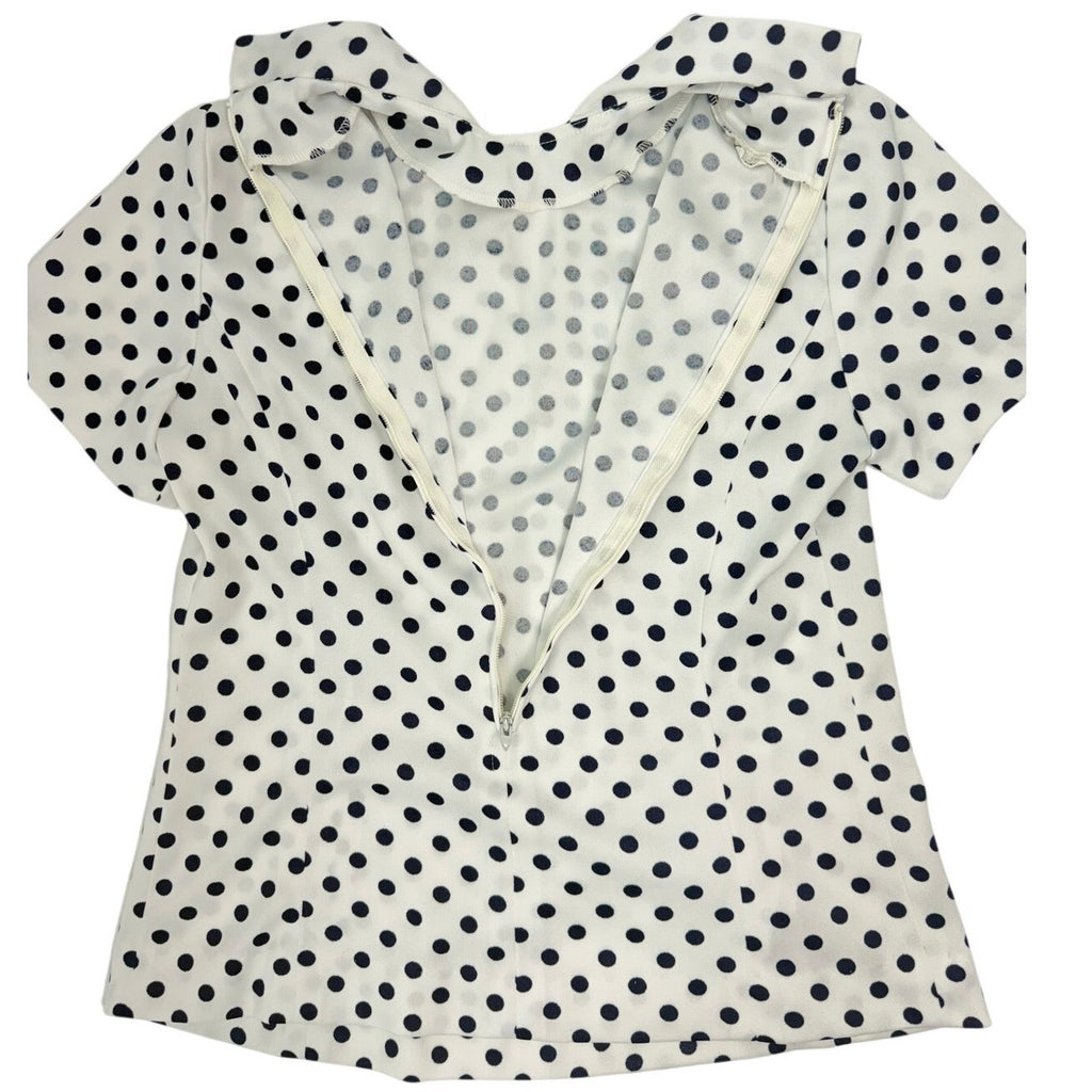 Vintage 70s White Black Polka Dot Tie Neck Blouse Top Women's 34 Bust