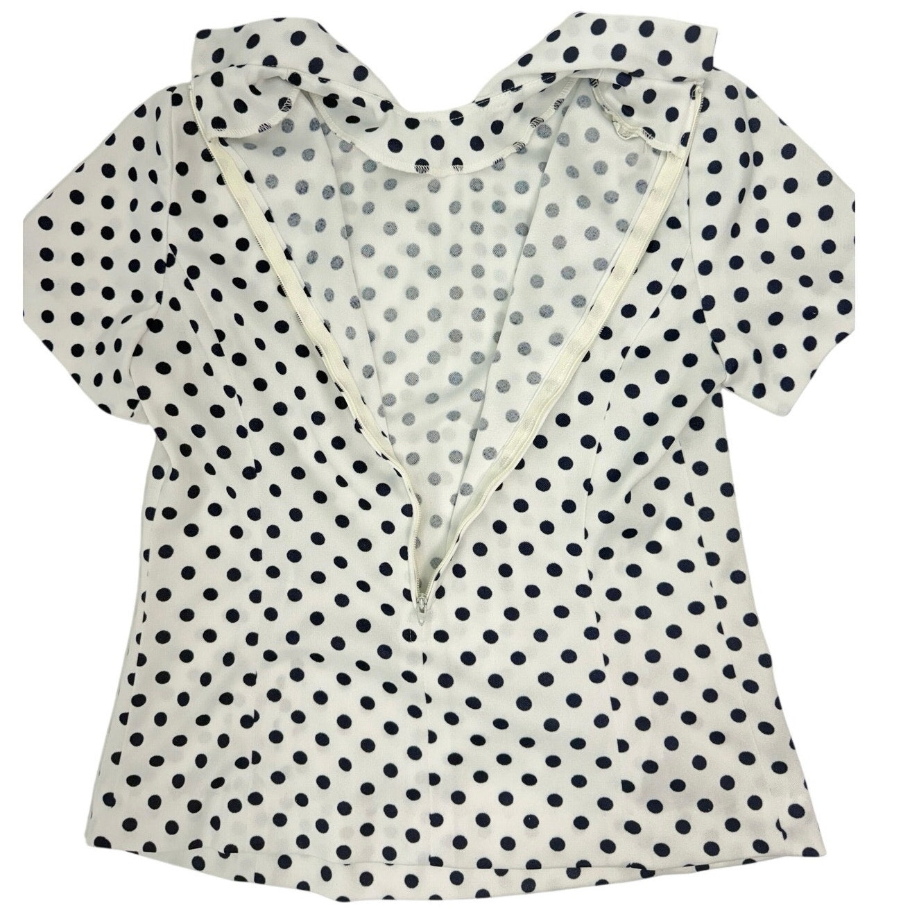 Vintage 70s White Black Polka Dot Tie Neck Blouse Top Women's 34 Bust