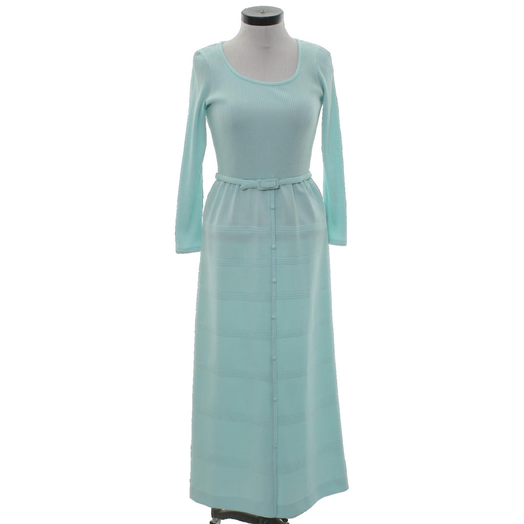 Vintage 70s Ayres Unlimited Aqua Maxi Dress Belted Ribbed Knit Long Sleeve
