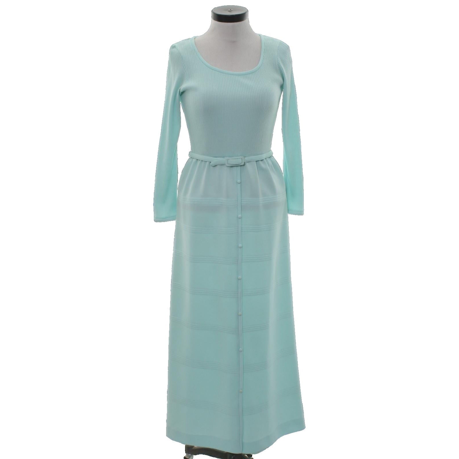 Vintage 70s Ayres Unlimited Aqua Maxi Dress Belted Ribbed Knit Long Sleeve