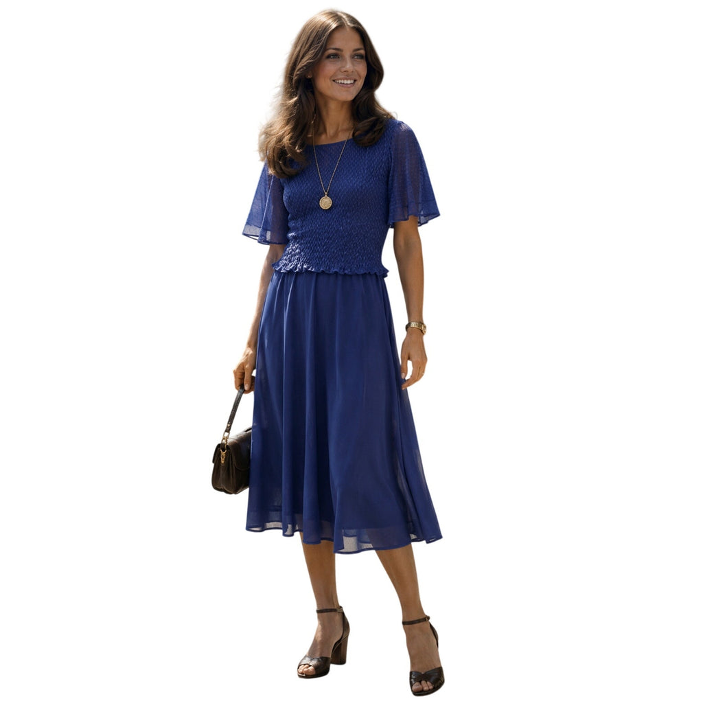 Vintage 70s Women's Small Jenny Blue Pleated Overlay Dress Disco Midi USA