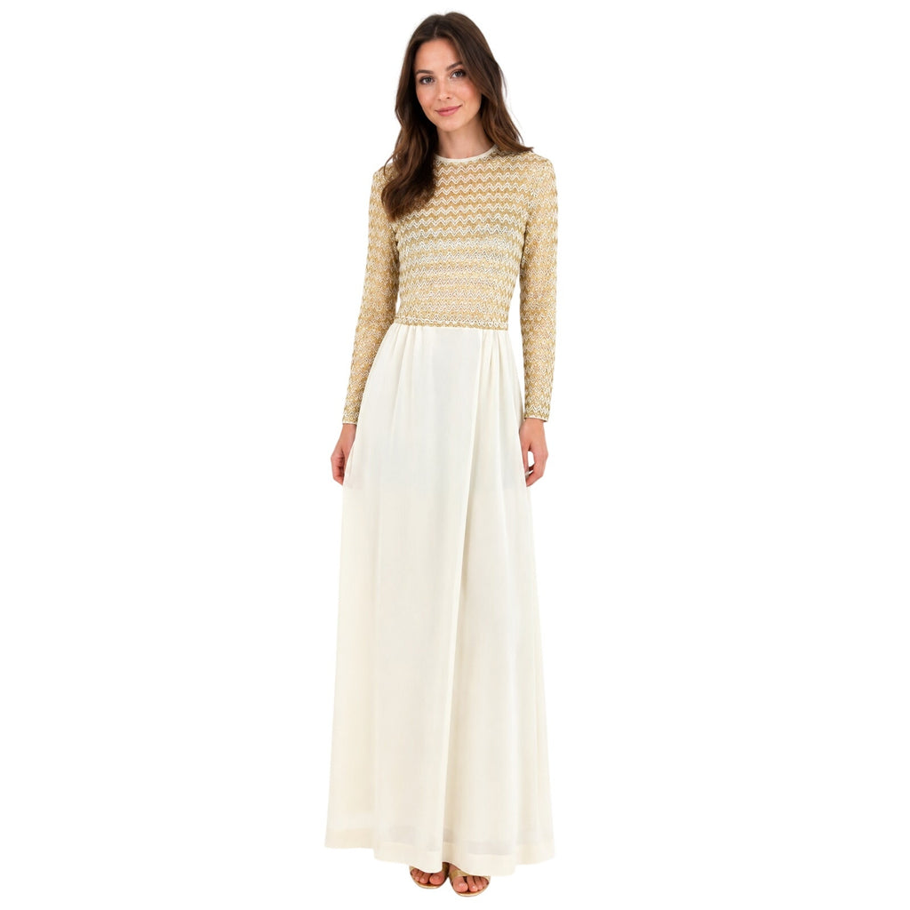 Vintage 1960s Ivory Gold Knit Maxi Dress Long Sleeve Sheer Bodice Women's XS
