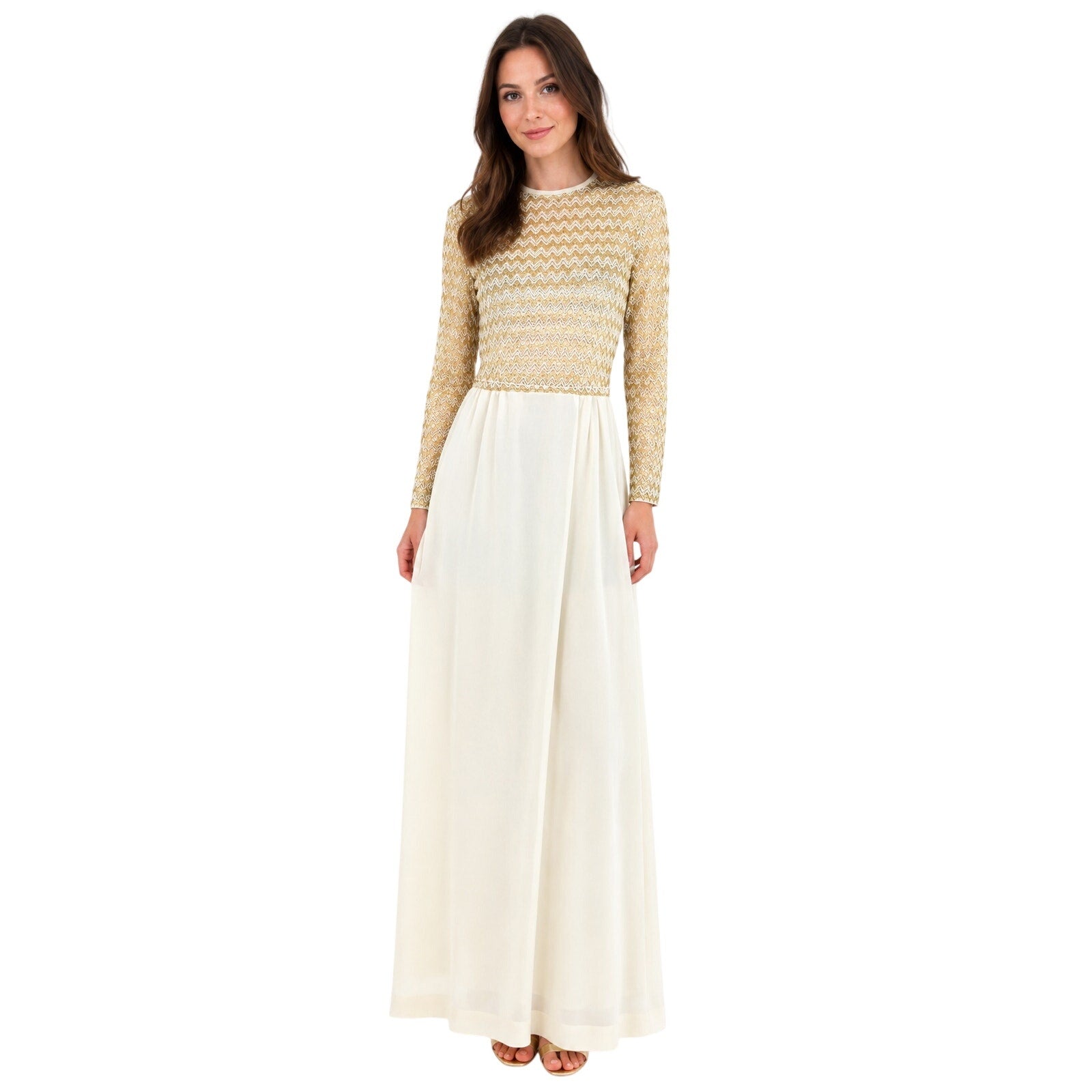 Vintage 1960s Ivory Gold Knit Maxi Dress Long Sleeve Sheer Bodice Women's XS