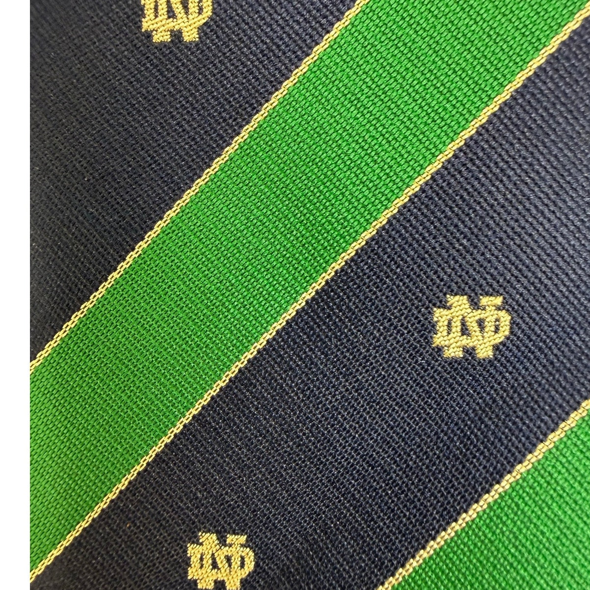 Notre Dame Bookstore Men's Silk Tie Green Blue Stripe ND Logo Made in USA