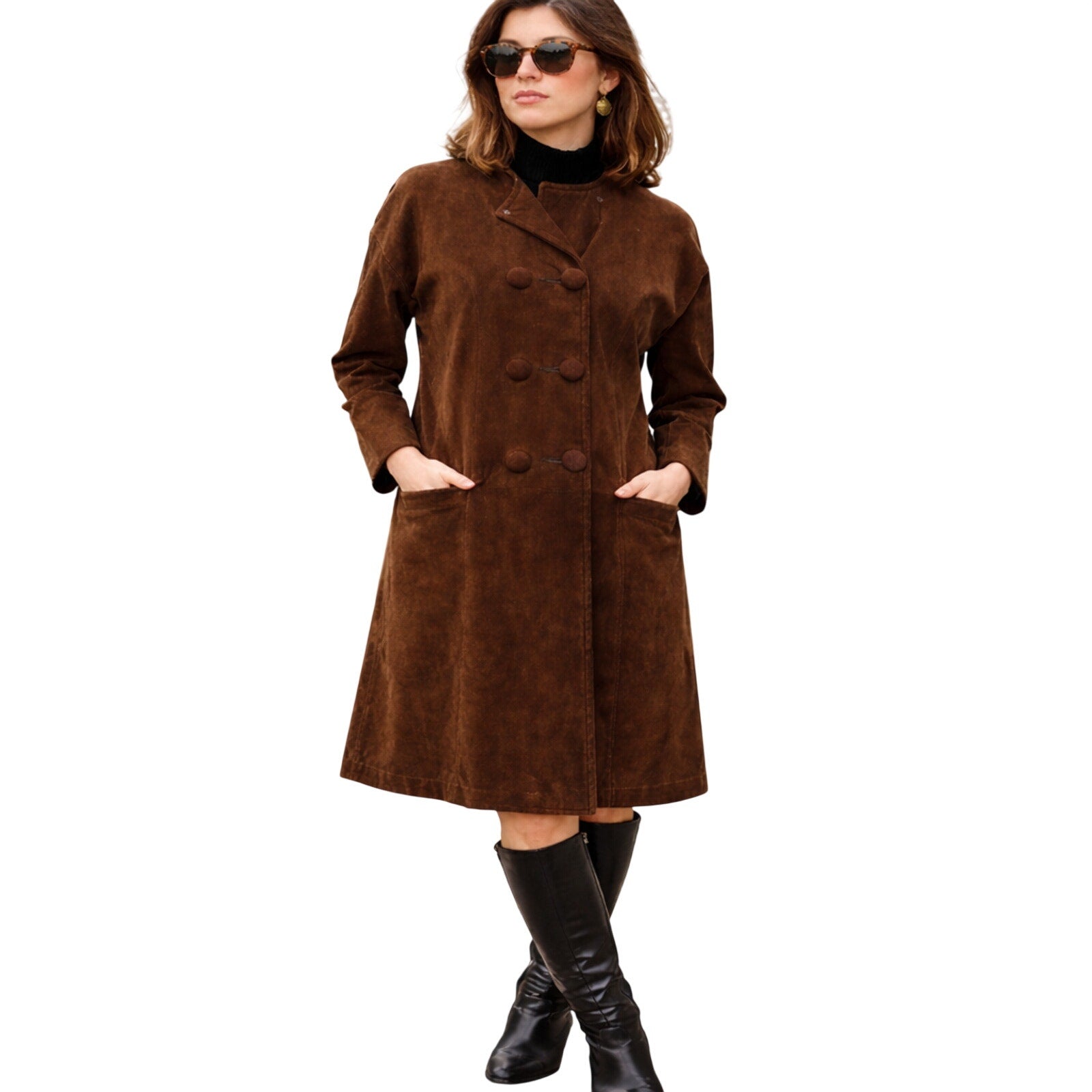 Vintage 60s Brown Leather Coat Double Breasted Princess Seams Women’s XS