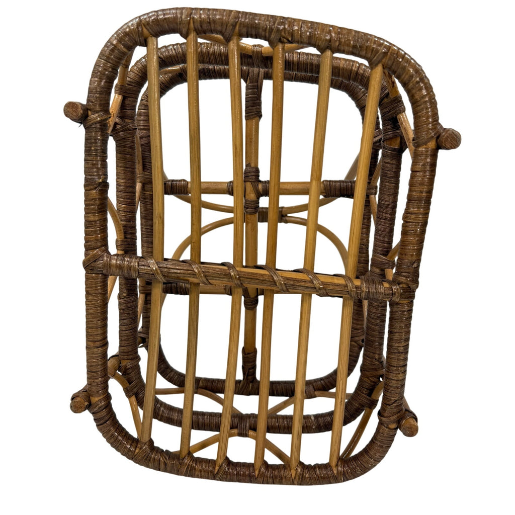 Vintage 80s Bent Wood Bamboo Wine Basket Holder Rustic Boho Farmhouse 18”
