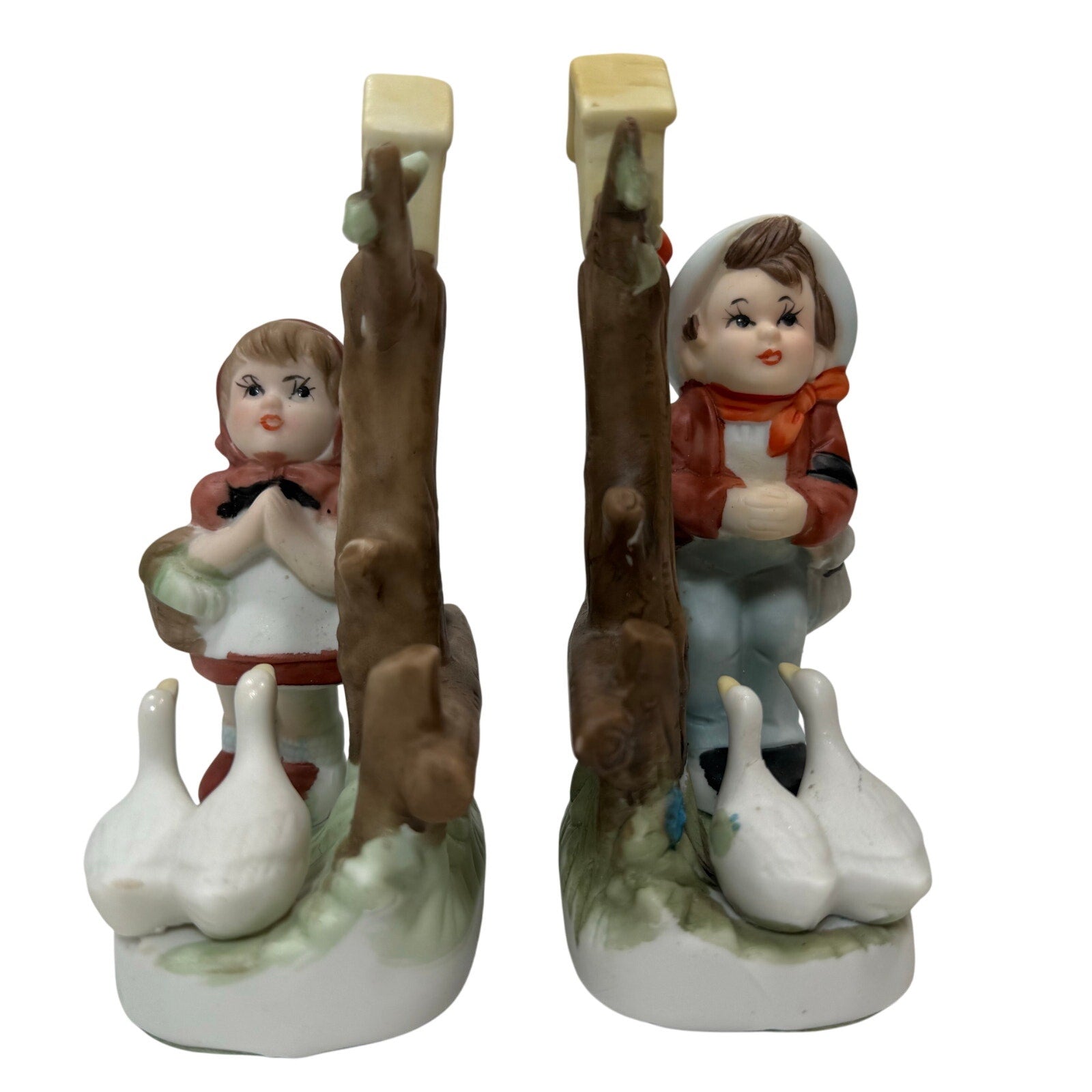 Vintage 80s Taiwan Boy & Girl Figurine Set with Geese Farm Scene Porcelain