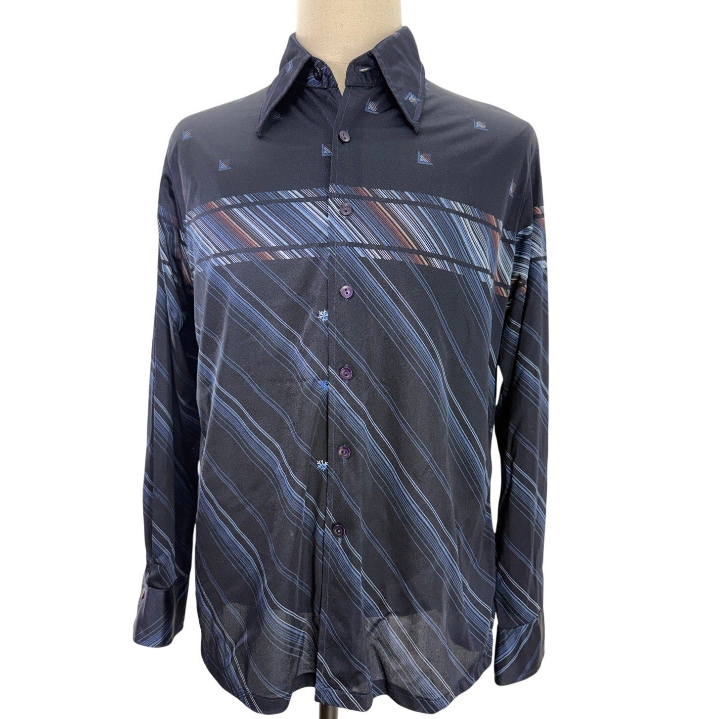 Vintage 70s Kennington Navy Nylon Disco Shirt Striped Men's XL