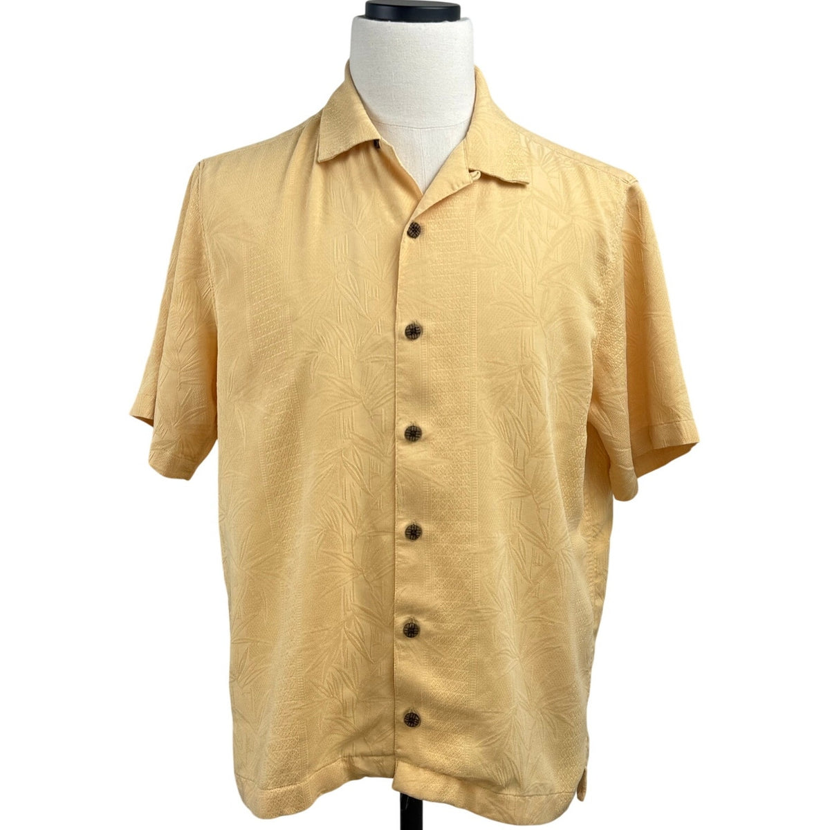 Vintage 90s Caribbean Mens Med Cream Yellow Jacquard Camp Shirt Coconut Buttons