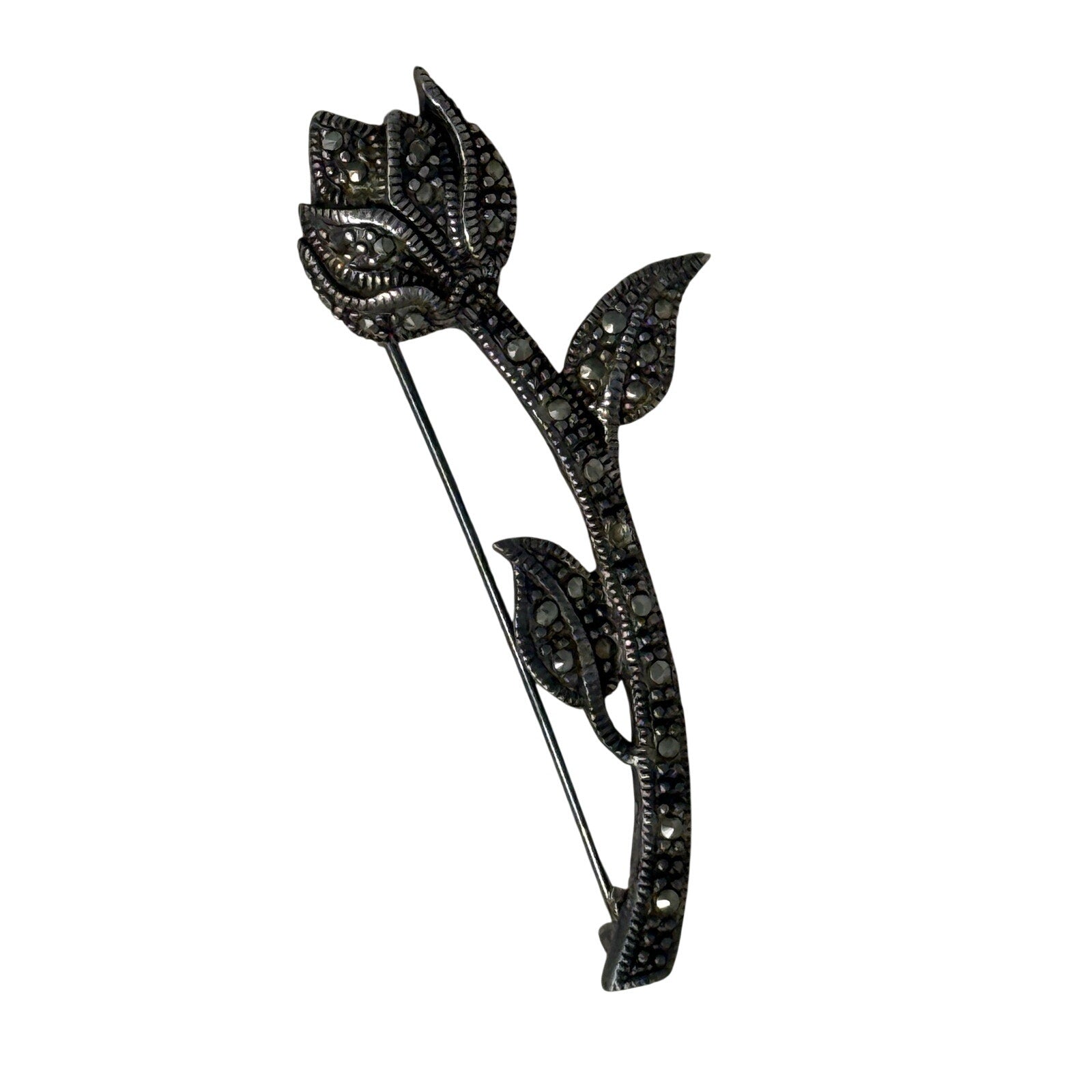 Vintage 80s 925 Sterling Silver Marcasite Rose Flower Brooch Pin