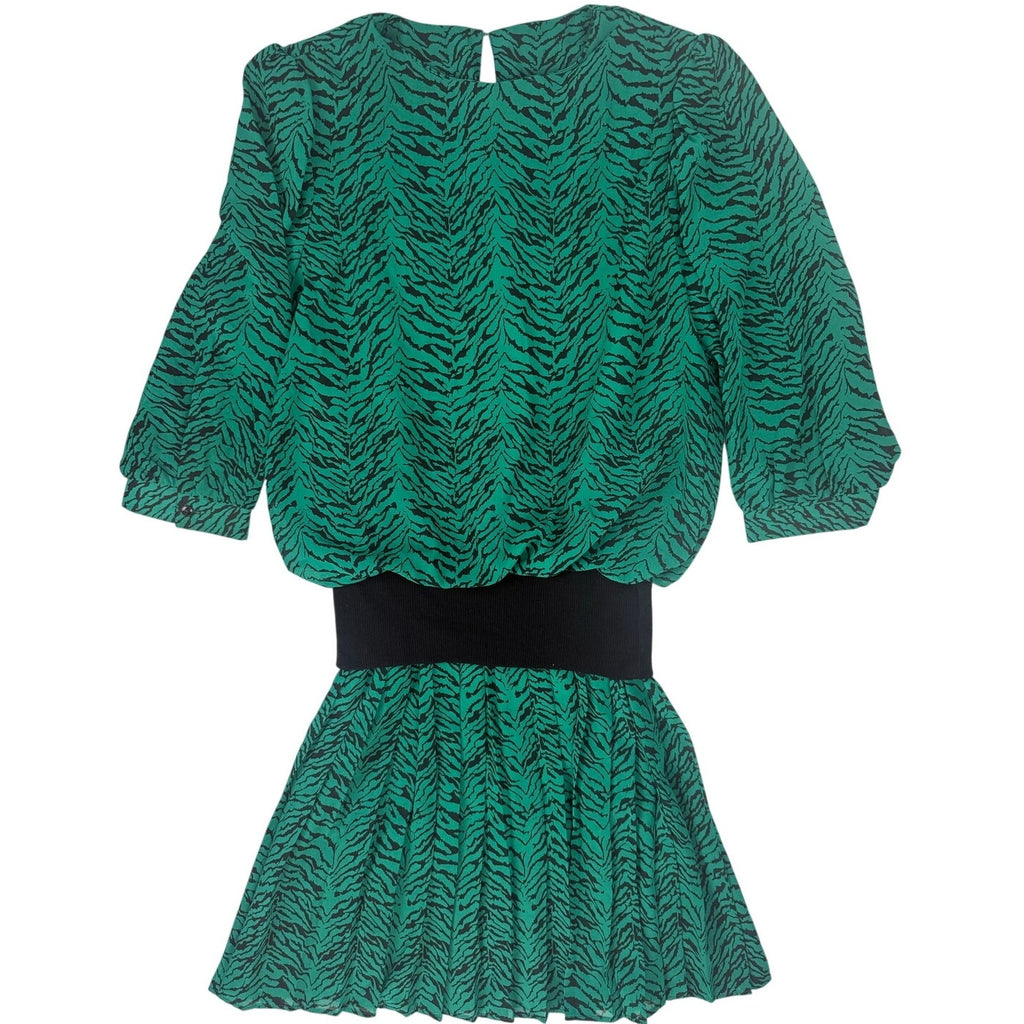 Vintage 1980s VLP Green Black Animal Print Peplum Midi Dress Size 8