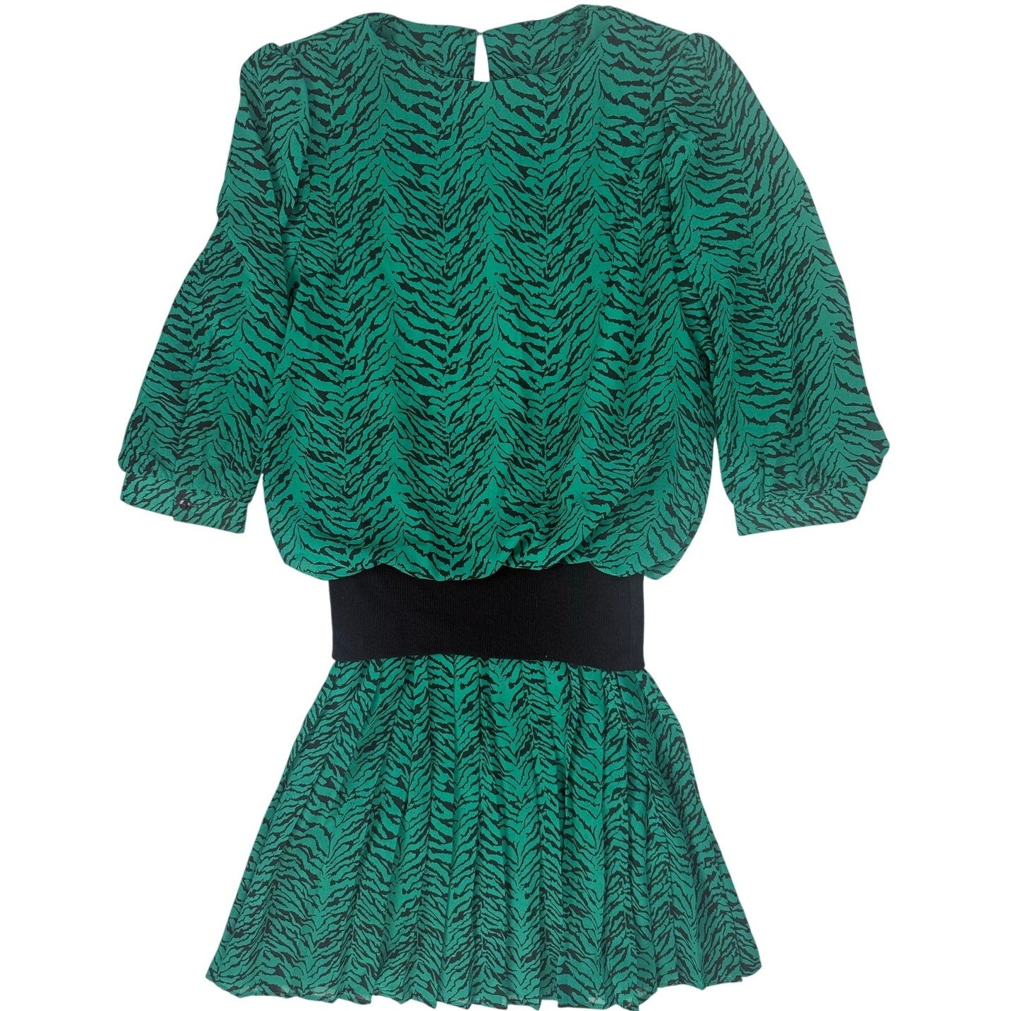 Vintage 1980s VLP Green Black Animal Print Peplum Midi Dress Size 8